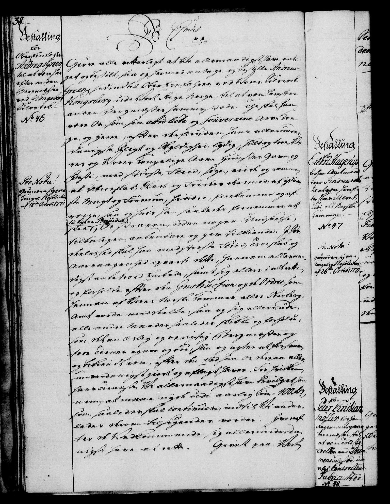 Rentekammeret, Kammerkanselliet, RA/EA-3111/G/Gg/Gge/L0005: Norsk bestallingsprotokoll med register (merket RK 53.29), 1771-1773, s. 38
