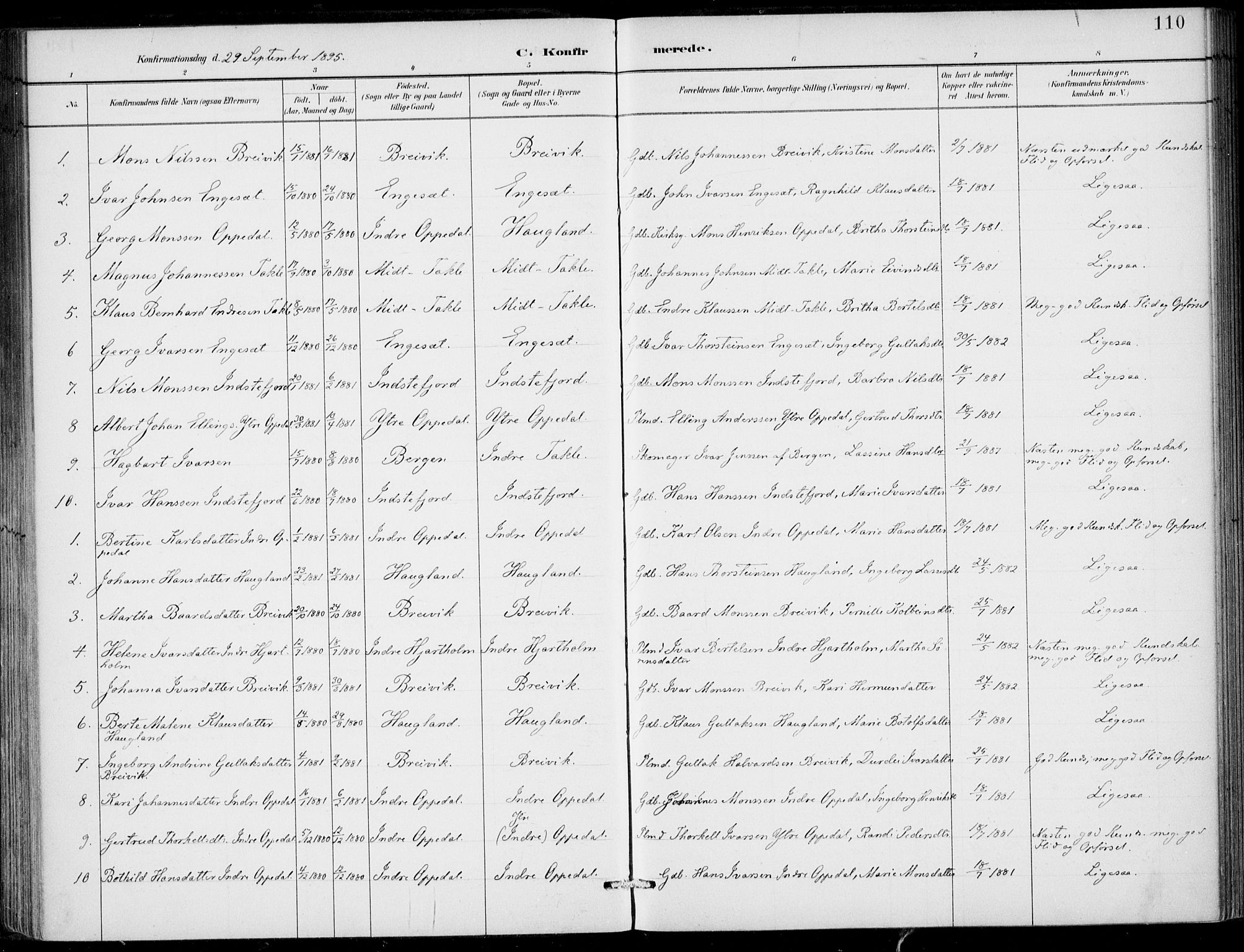 Gulen sokneprestembete, AV/SAB-A-80201/H/Haa/Haac/L0002: Ministerialbok nr. C  2, 1882-1914, s. 110