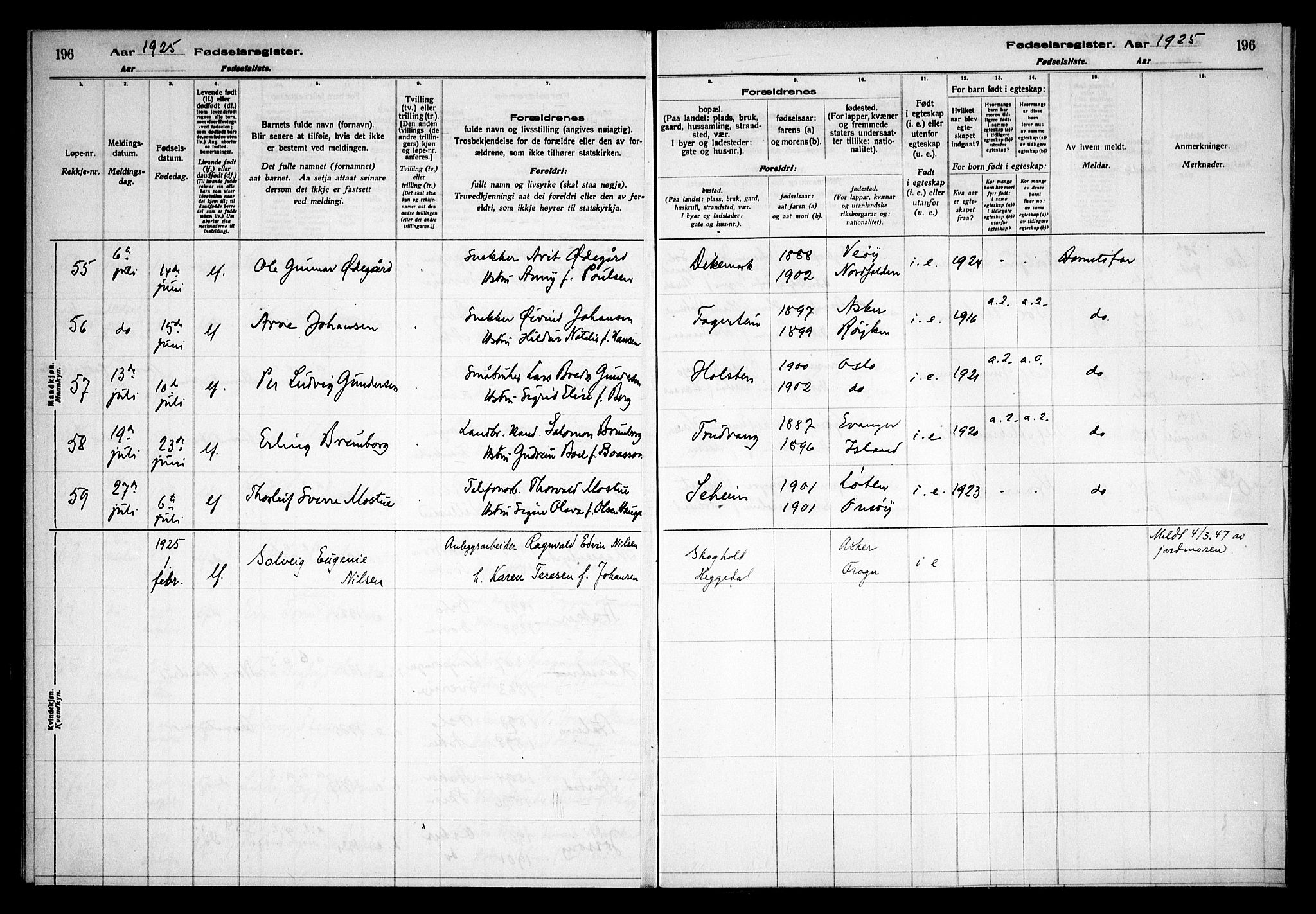 Asker prestekontor Kirkebøker, AV/SAO-A-10256a/J/L0001: Fødselsregister nr. 1, 1916-1925, s. 196