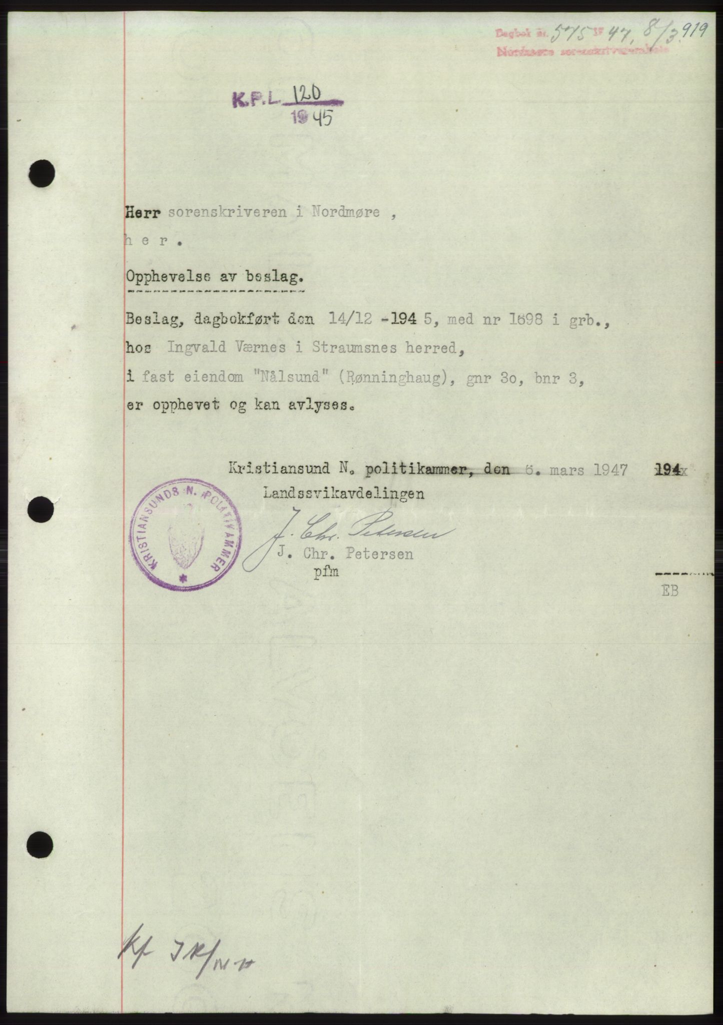 Nordmøre sorenskriveri, SAT/A-4132/1/2/2Ca: Pantebok nr. B95, 1946-1947, Dagboknr: 575/1947