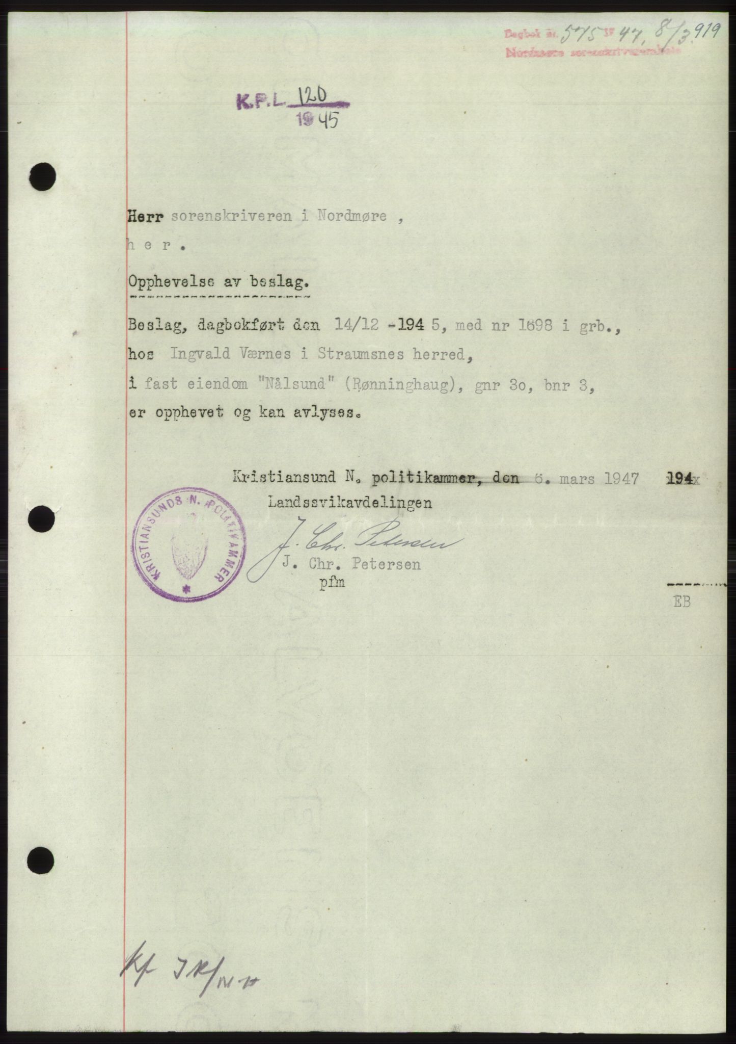 Nordmøre sorenskriveri, AV/SAT-A-4132/1/2/2Ca: Pantebok nr. B95, 1946-1947, Dagboknr: 575/1947