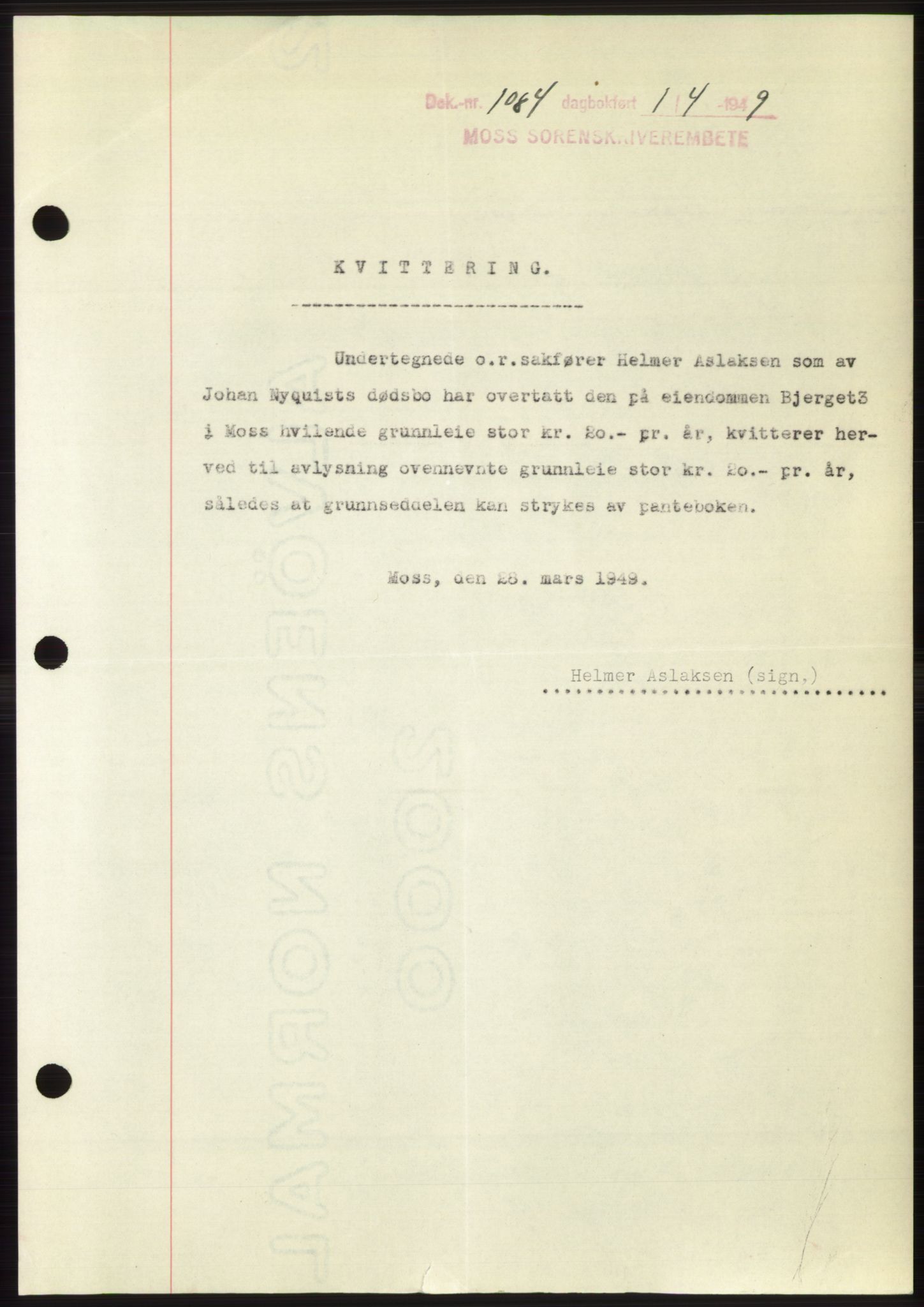 Moss sorenskriveri, SAO/A-10168: Pantebok nr. B21, 1949-1949, Dagboknr: 1084/1949