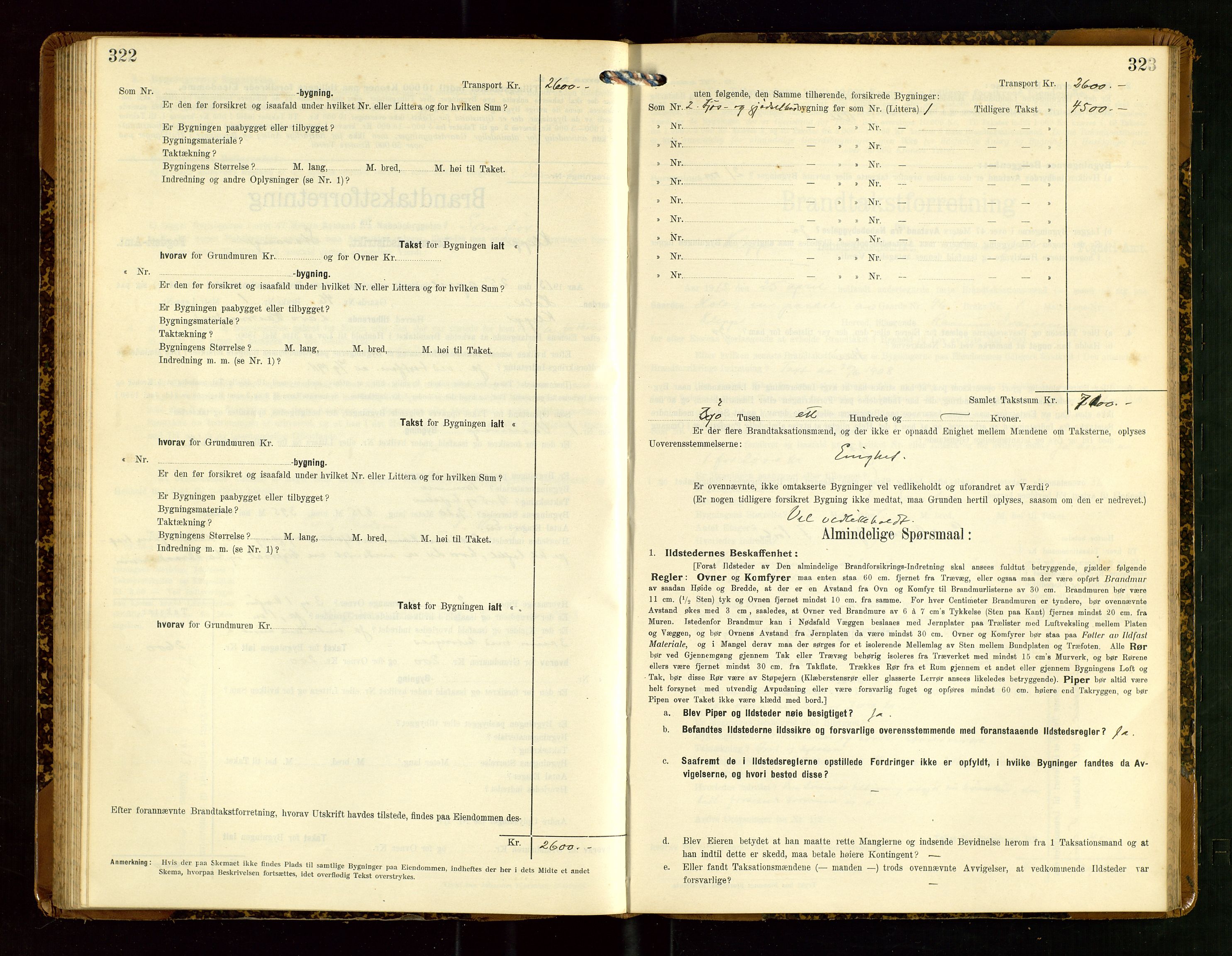 Klepp lensmannskontor, SAST/A-100163/Goc/L0007: "Brandtaxationsprotokol" m/register, 1911-1915, s. 322-323