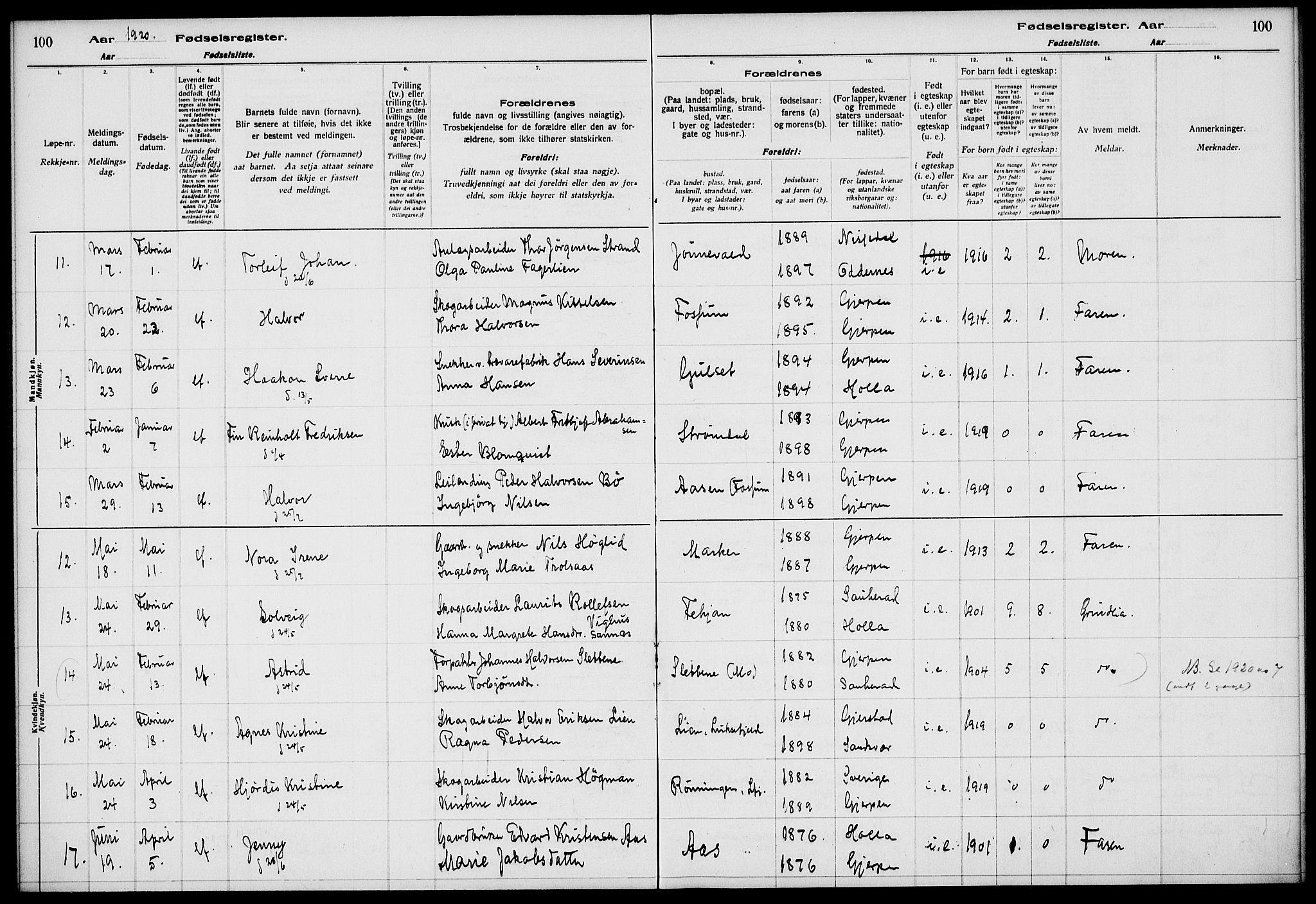 Gjerpen kirkebøker, AV/SAKO-A-265/J/Ja/L0001: Fødselsregister nr. 1, 1916-1926, s. 100