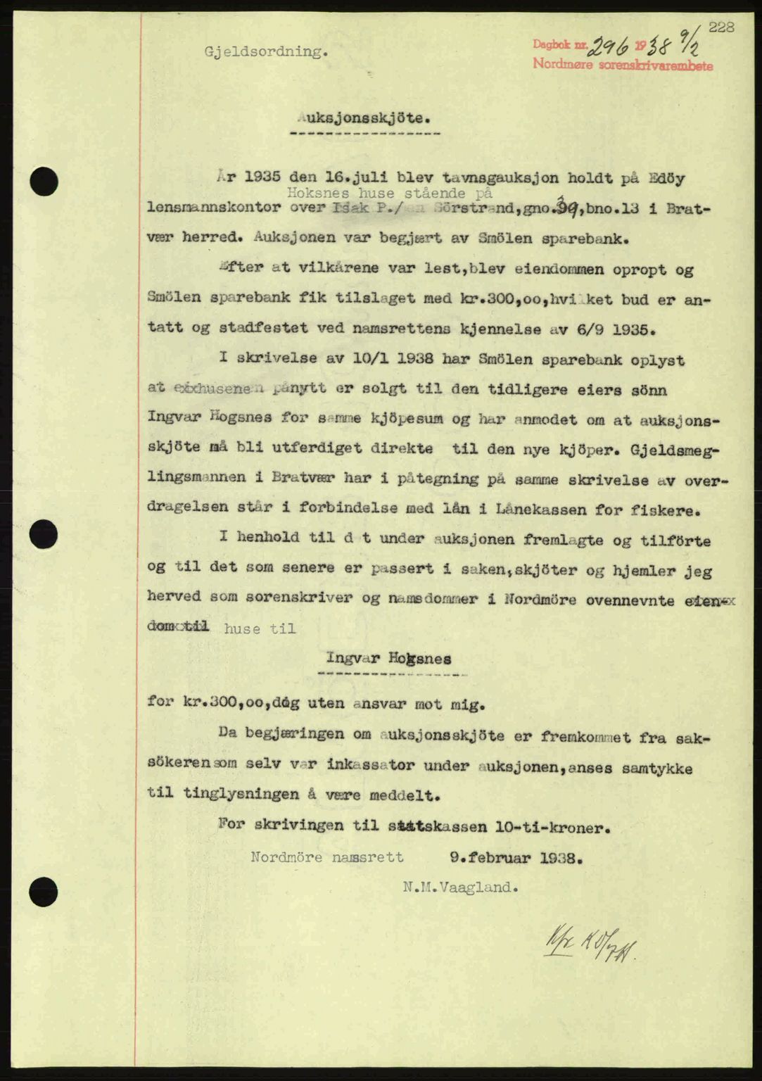 Nordmøre sorenskriveri, SAT/A-4132/1/2/2Ca: Pantebok nr. A83, 1938-1938, Dagboknr: 296/1938