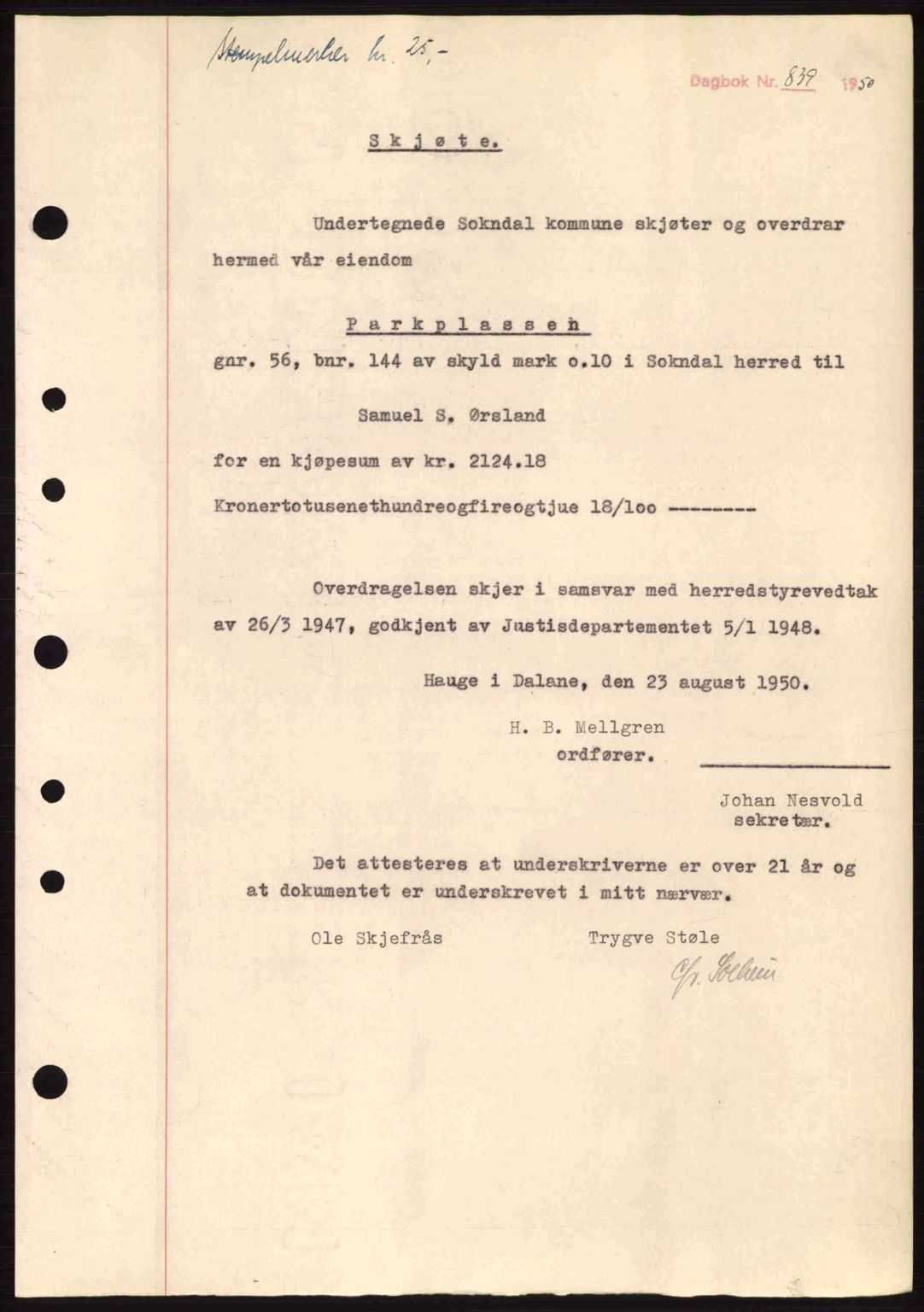 Dalane sorenskriveri, SAST/A-100309/02/G/Gb/L0055: Pantebok nr. A15, 1950-1950, Dagboknr: 839/1950