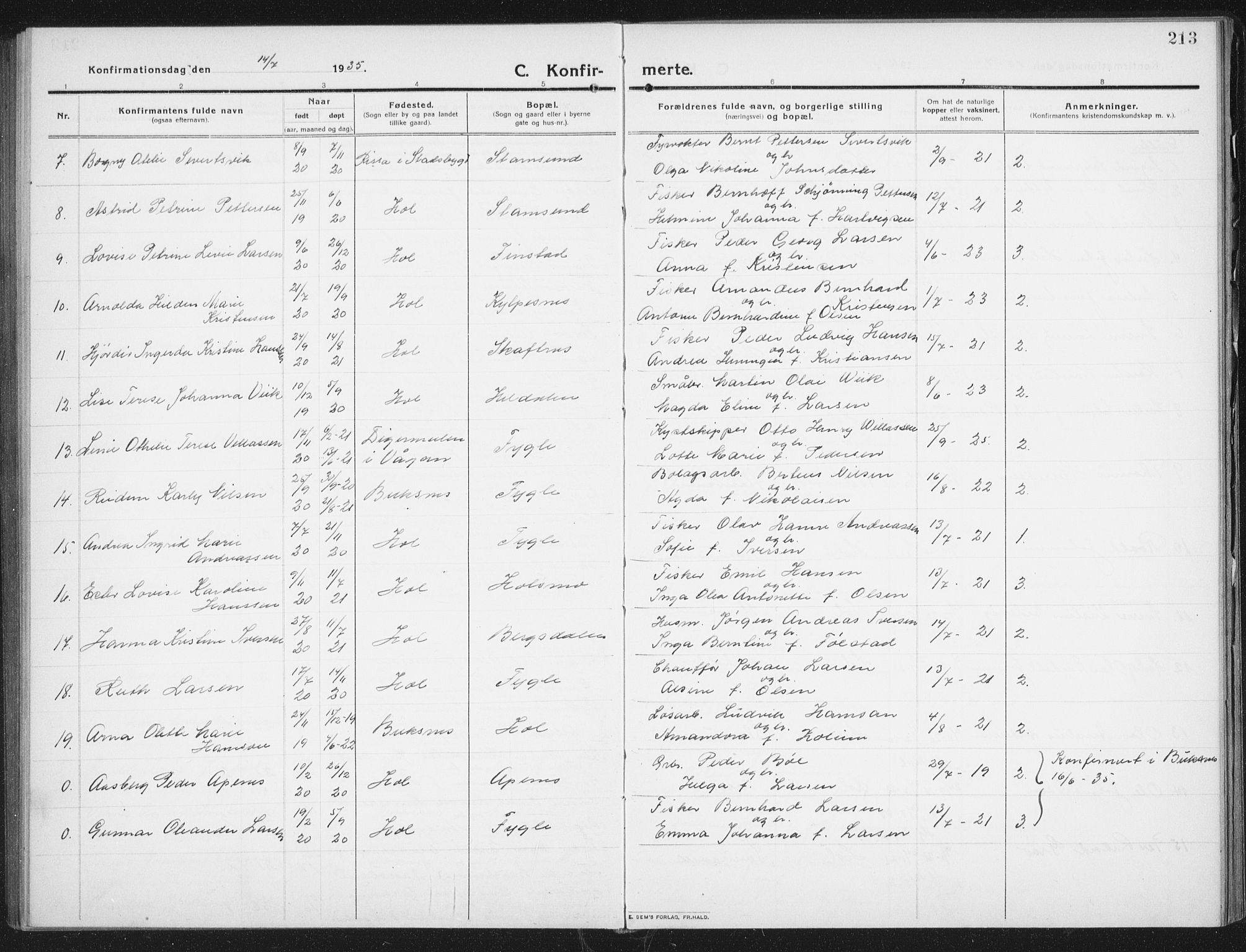 Ministerialprotokoller, klokkerbøker og fødselsregistre - Nordland, SAT/A-1459/882/L1183: Klokkerbok nr. 882C01, 1911-1938, s. 213