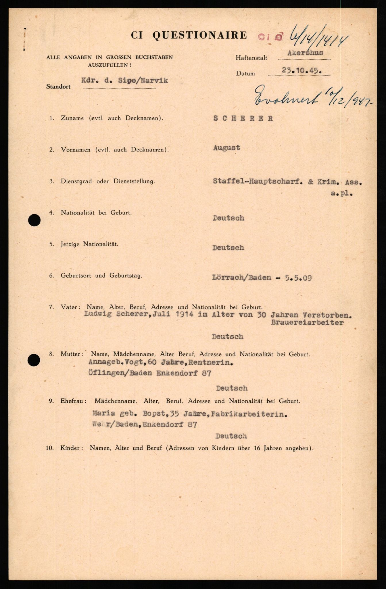 Forsvaret, Forsvarets overkommando II, RA/RAFA-3915/D/Db/L0029: CI Questionaires. Tyske okkupasjonsstyrker i Norge. Tyskere., 1945-1946, s. 133