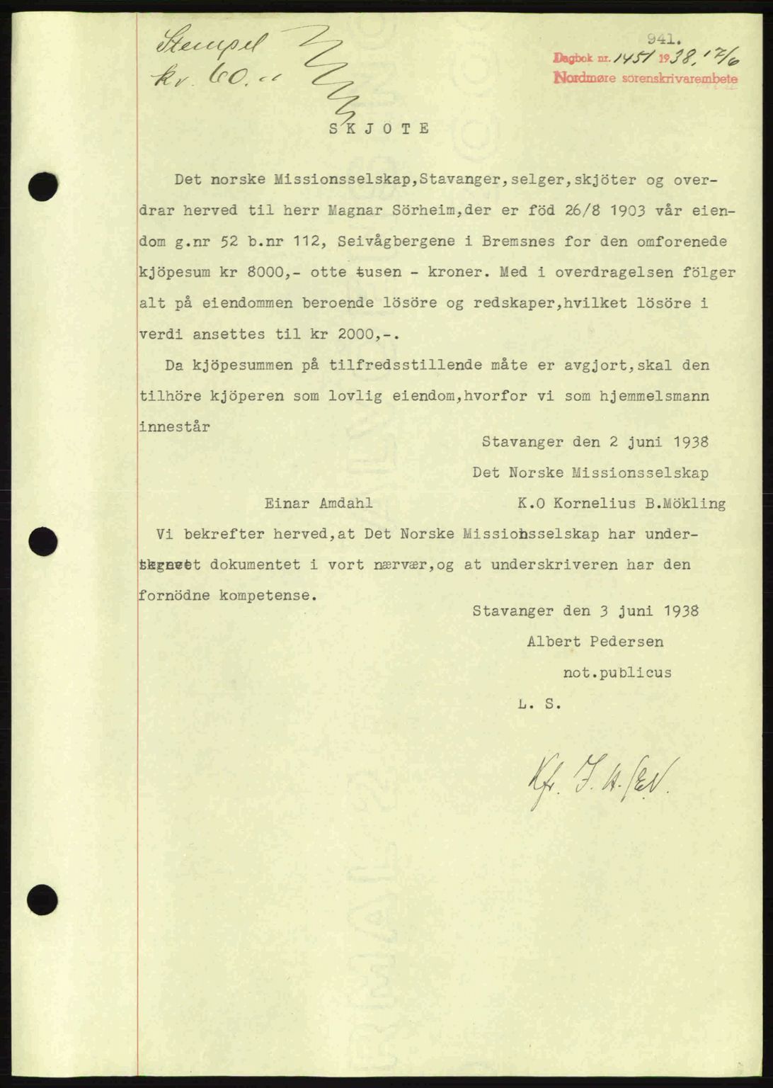 Nordmøre sorenskriveri, SAT/A-4132/1/2/2Ca: Pantebok nr. A83, 1938-1938, Dagboknr: 1451/1938