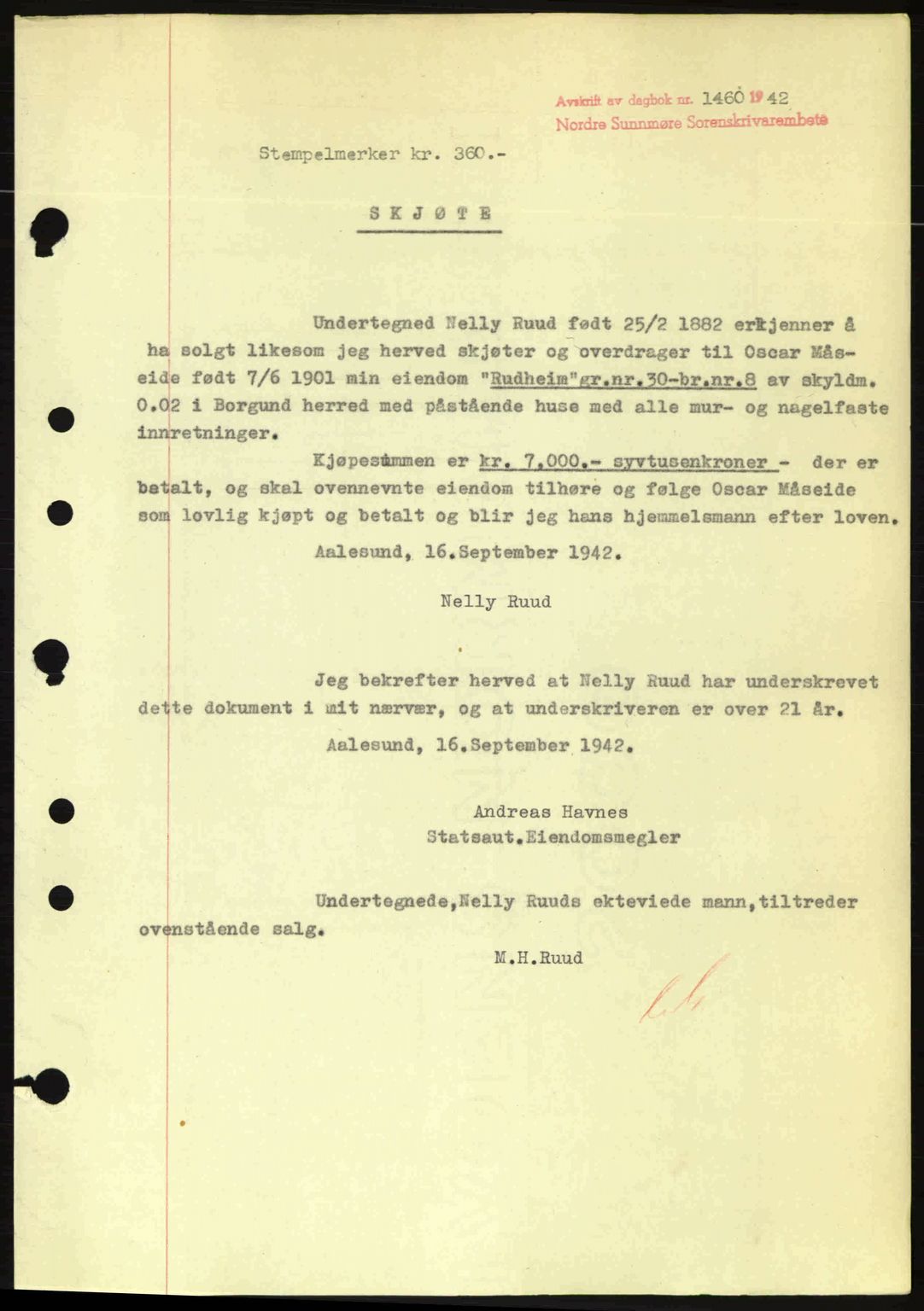 Nordre Sunnmøre sorenskriveri, SAT/A-0006/1/2/2C/2Ca: Pantebok nr. A14, 1942-1942, Dagboknr: 1460/1942