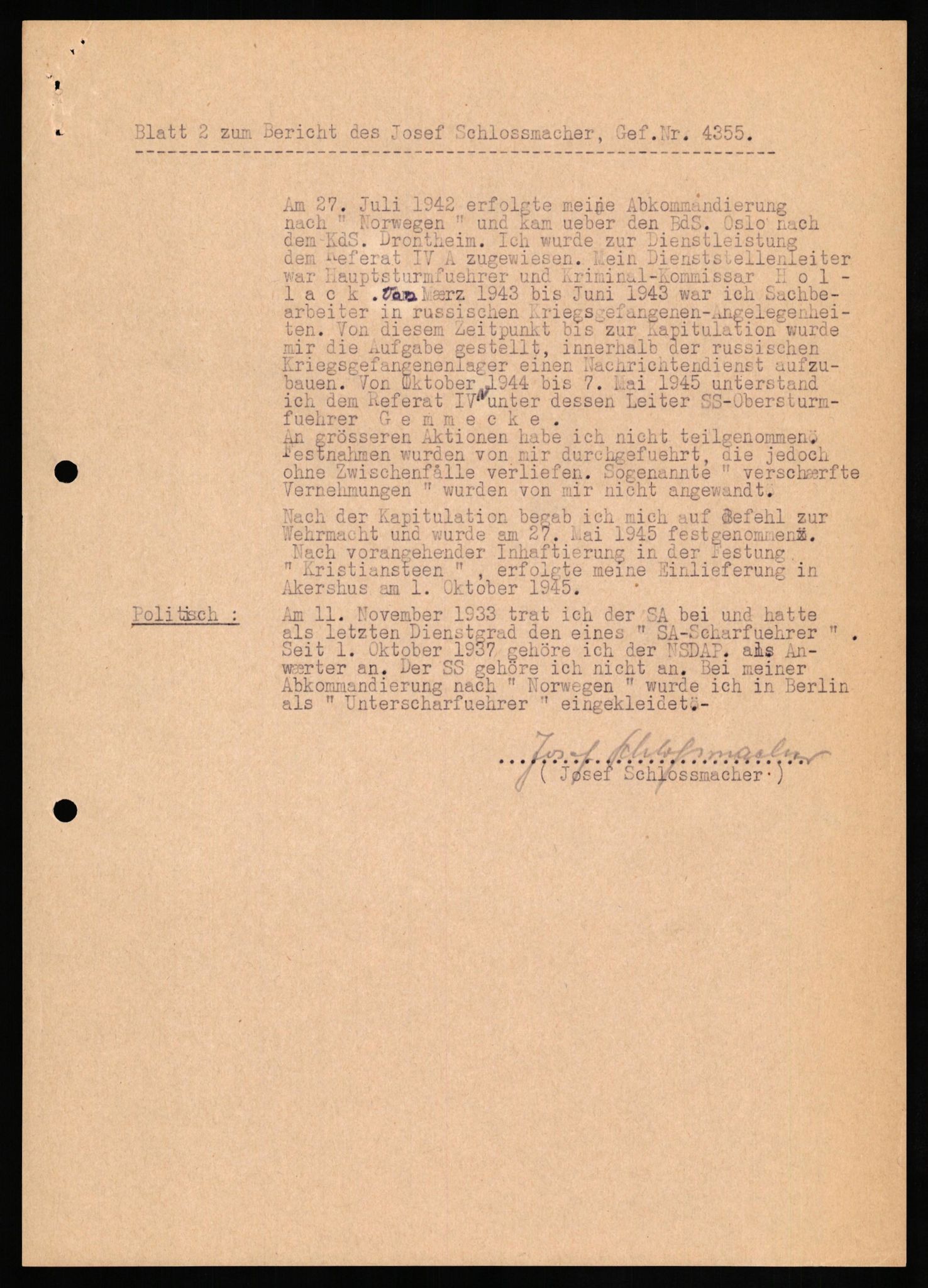 Forsvaret, Forsvarets overkommando II, AV/RA-RAFA-3915/D/Db/L0029: CI Questionaires. Tyske okkupasjonsstyrker i Norge. Tyskere., 1945-1946, s. 285