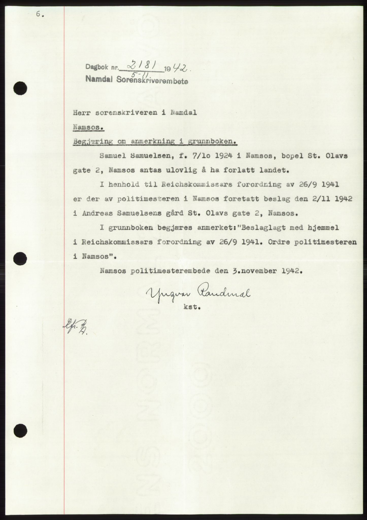 Namdal sorenskriveri, SAT/A-4133/1/2/2C: Pantebok nr. -, 1942-1943, Dagboknr: 2181/1942