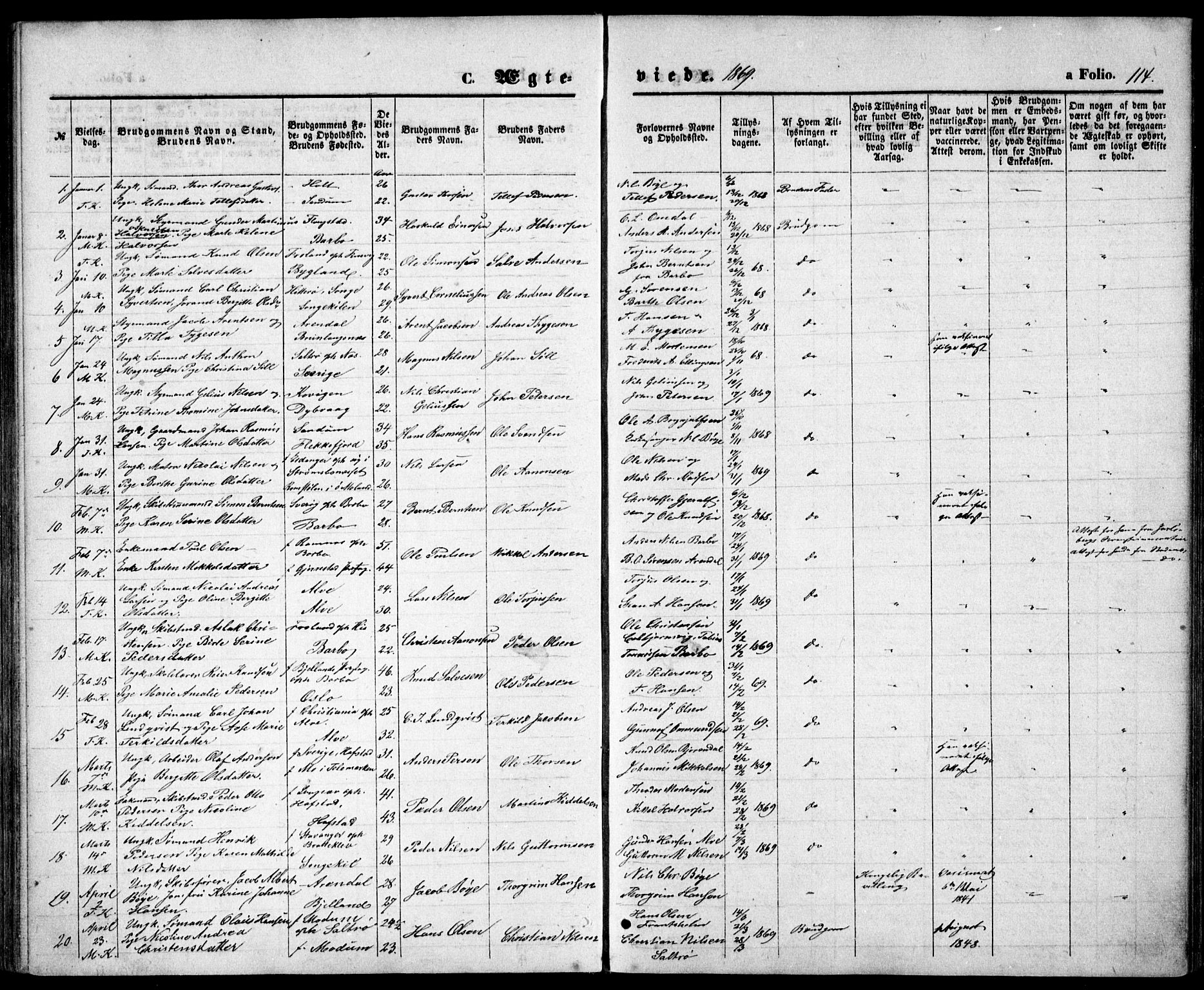 Tromøy sokneprestkontor, SAK/1111-0041/F/Fb/L0004: Klokkerbok nr. B 4, 1869-1877, s. 114