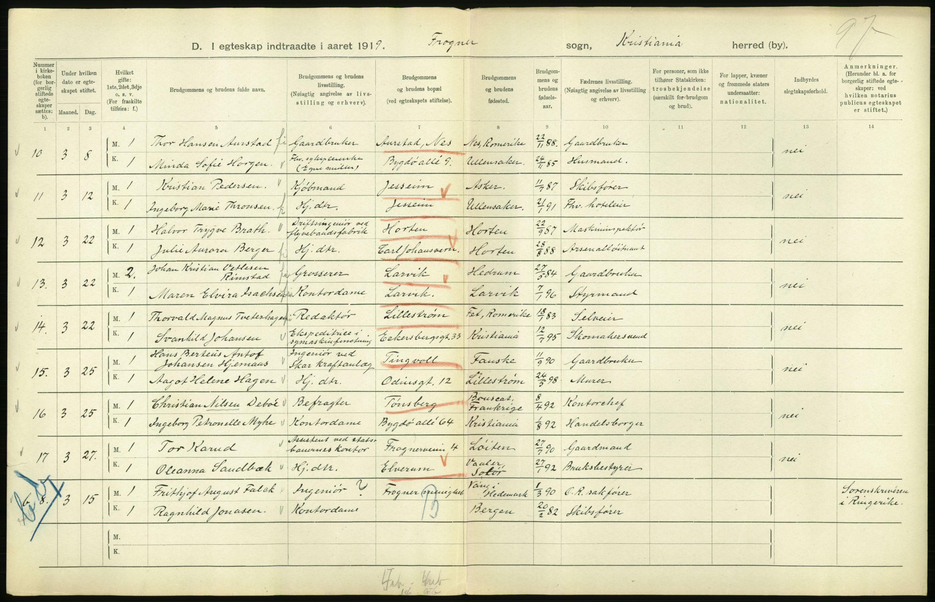 Statistisk sentralbyrå, Sosiodemografiske emner, Befolkning, RA/S-2228/D/Df/Dfb/Dfbi/L0009: Kristiania: Gifte, 1919, s. 174