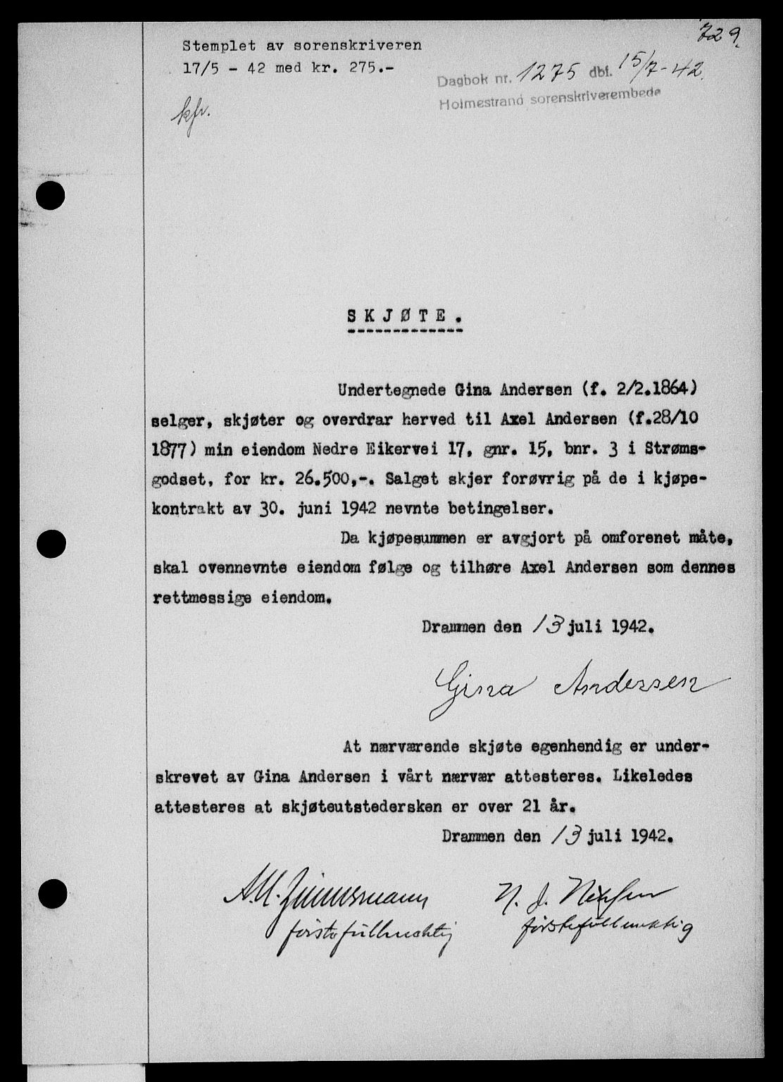 Holmestrand sorenskriveri, SAKO/A-67/G/Ga/Gaa/L0055: Pantebok nr. A-55, 1942-1942, Dagboknr: 1275/1942
