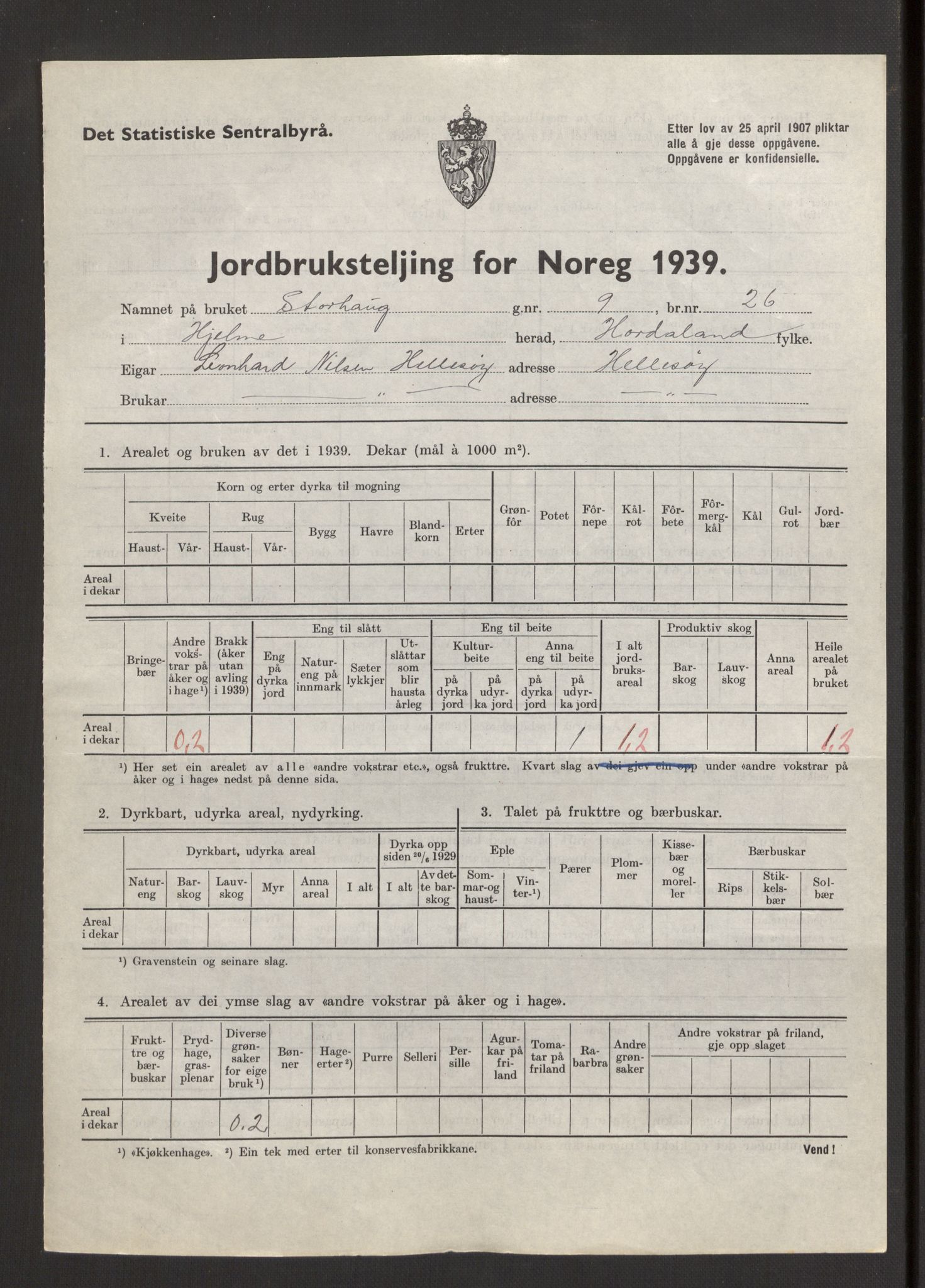 Statistisk sentralbyrå, Næringsøkonomiske emner, Jordbruk, skogbruk, jakt, fiske og fangst, AV/RA-S-2234/G/Gb/L0211: Hordaland: Herdla, Hjelme og Manger, 1939, s. 1141