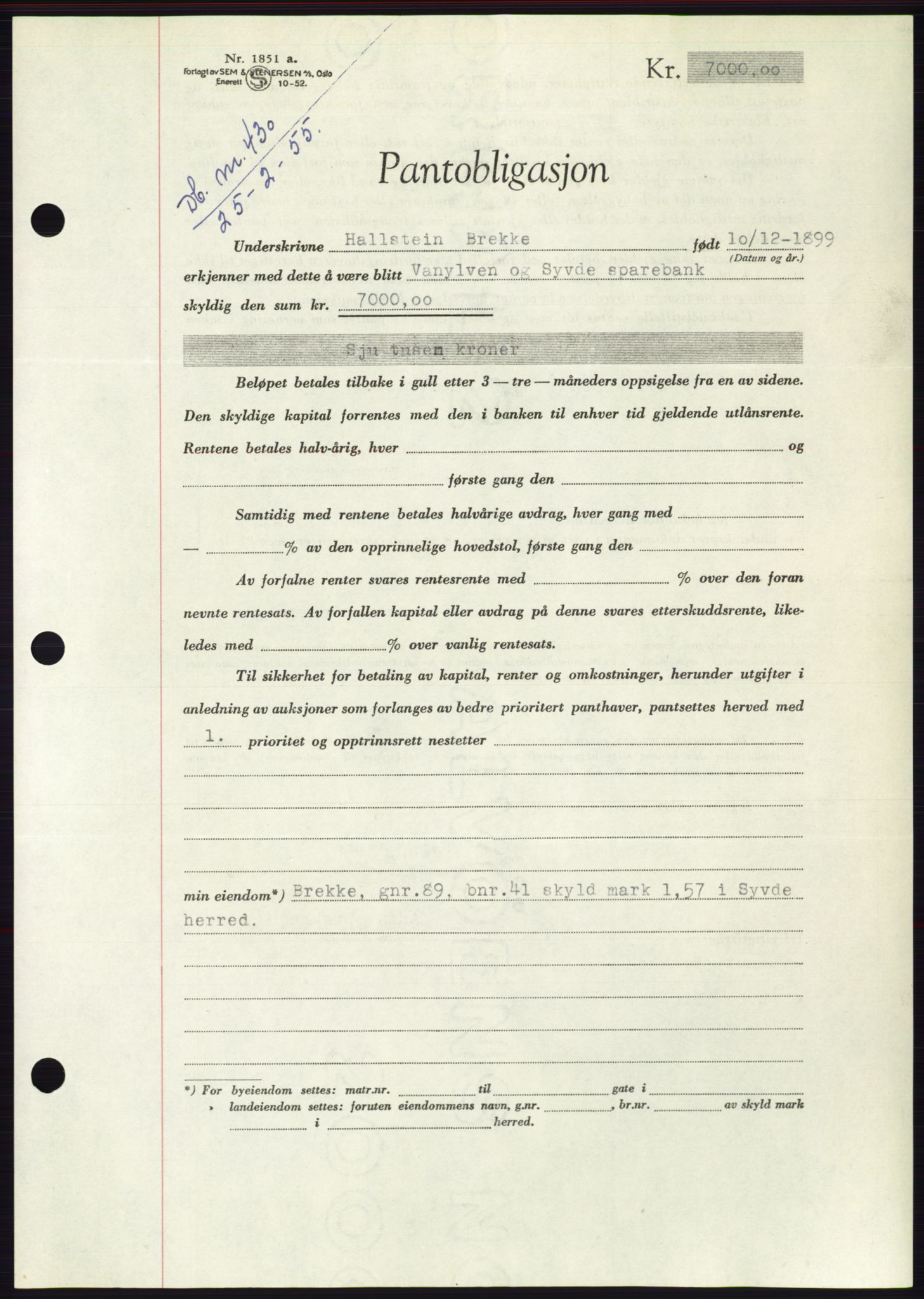 Søre Sunnmøre sorenskriveri, AV/SAT-A-4122/1/2/2C/L0126: Pantebok nr. 14B, 1954-1955, Dagboknr: 430/1955