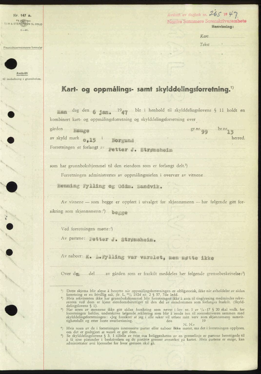 Nordre Sunnmøre sorenskriveri, AV/SAT-A-0006/1/2/2C/2Ca: Pantebok nr. A23, 1946-1947, Dagboknr: 265/1947