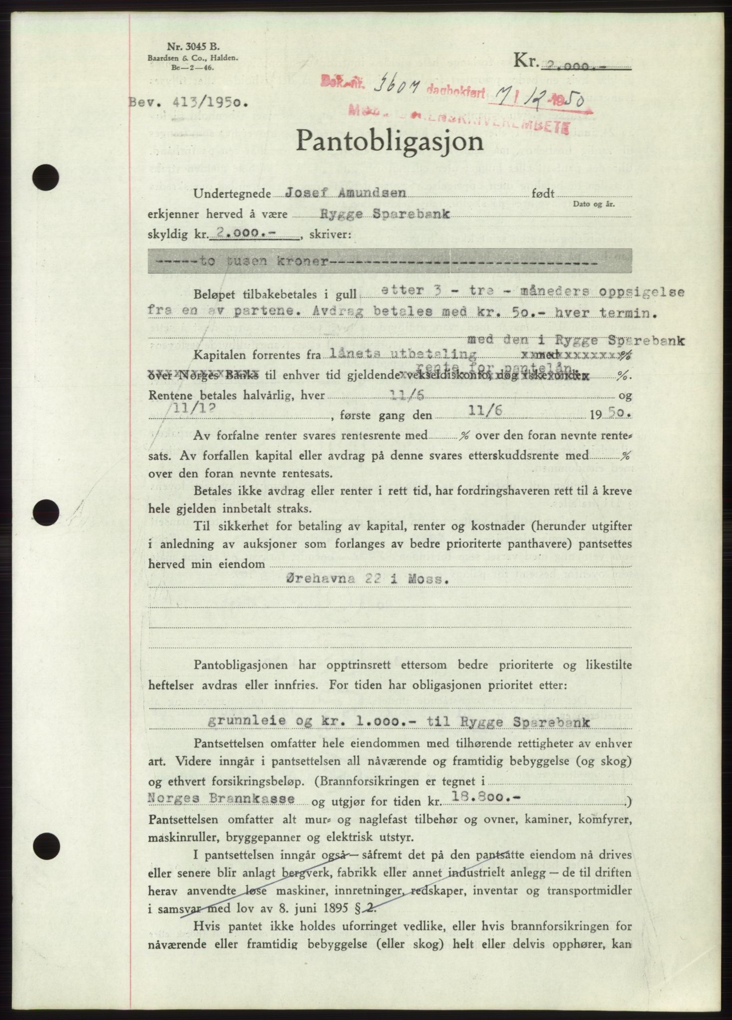 Moss sorenskriveri, SAO/A-10168: Pantebok nr. B25, 1950-1950, Dagboknr: 3607/1950