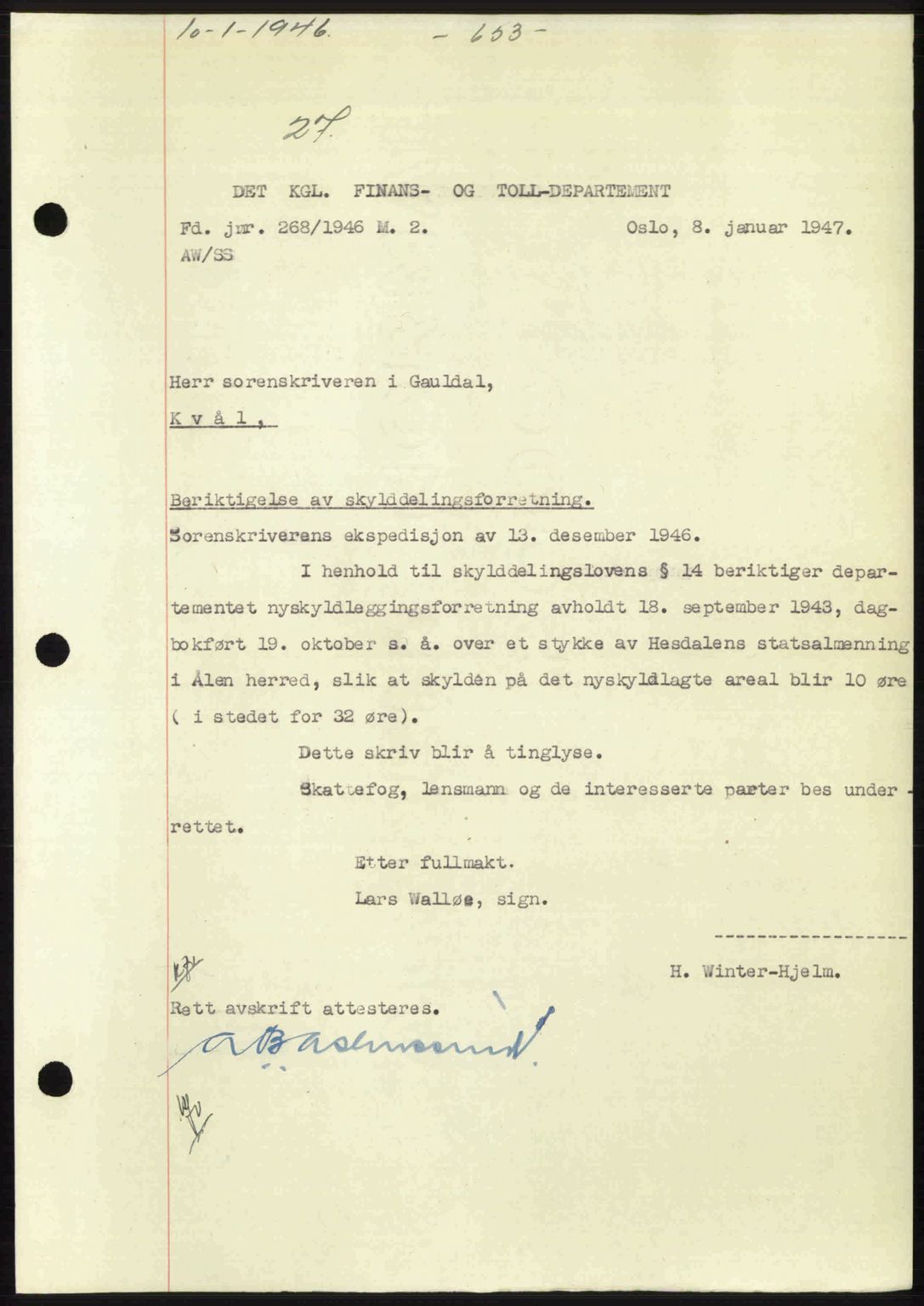 Gauldal sorenskriveri, SAT/A-0014/1/2/2C: Pantebok nr. A3, 1947-1947, Dagboknr: 27/1947