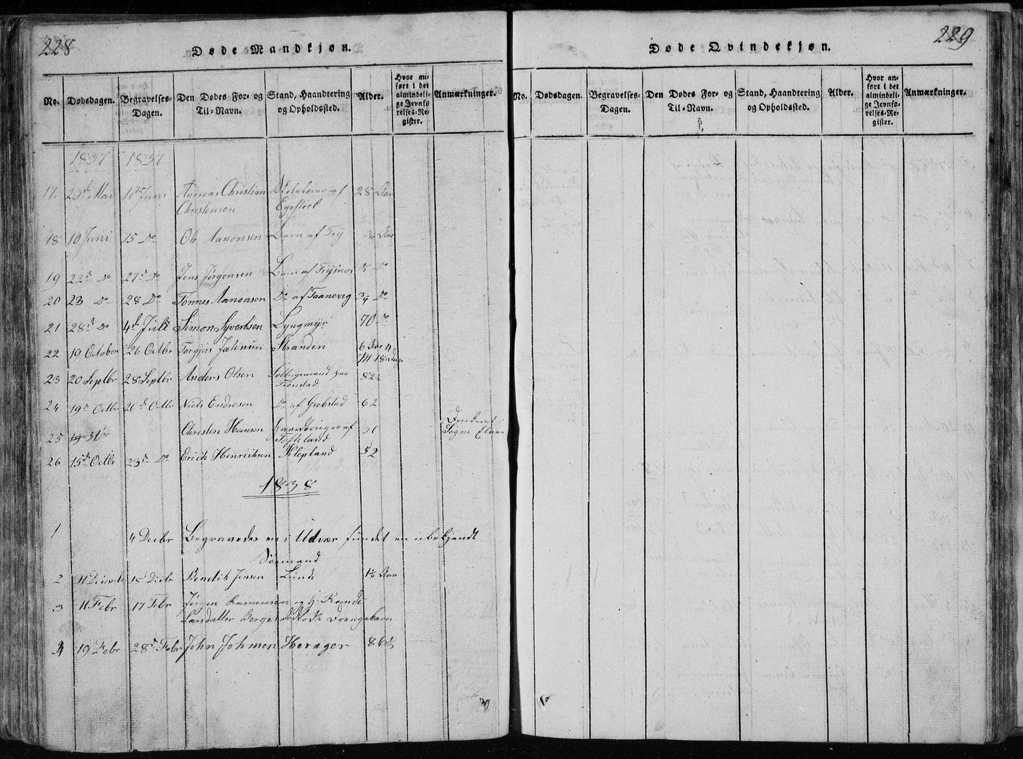 Søgne sokneprestkontor, AV/SAK-1111-0037/F/Fb/Fbb/L0002: Klokkerbok nr. B 2, 1821-1838, s. 228-229