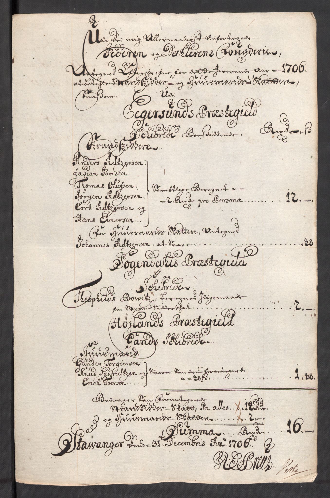 Rentekammeret inntil 1814, Reviderte regnskaper, Fogderegnskap, AV/RA-EA-4092/R46/L2733: Fogderegnskap Jæren og Dalane, 1705-1708, s. 150