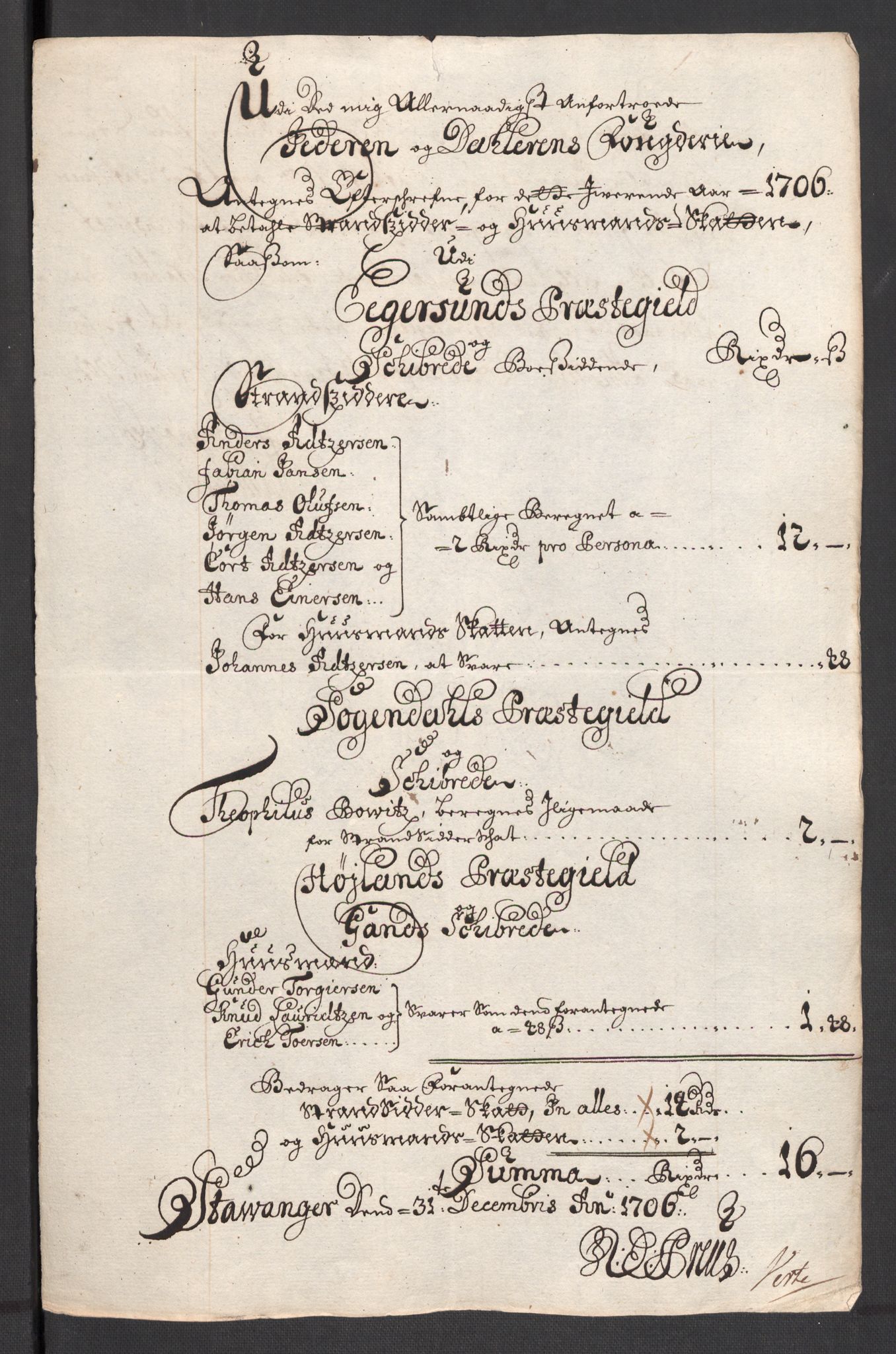 Rentekammeret inntil 1814, Reviderte regnskaper, Fogderegnskap, RA/EA-4092/R46/L2733: Fogderegnskap Jæren og Dalane, 1705-1708, s. 150