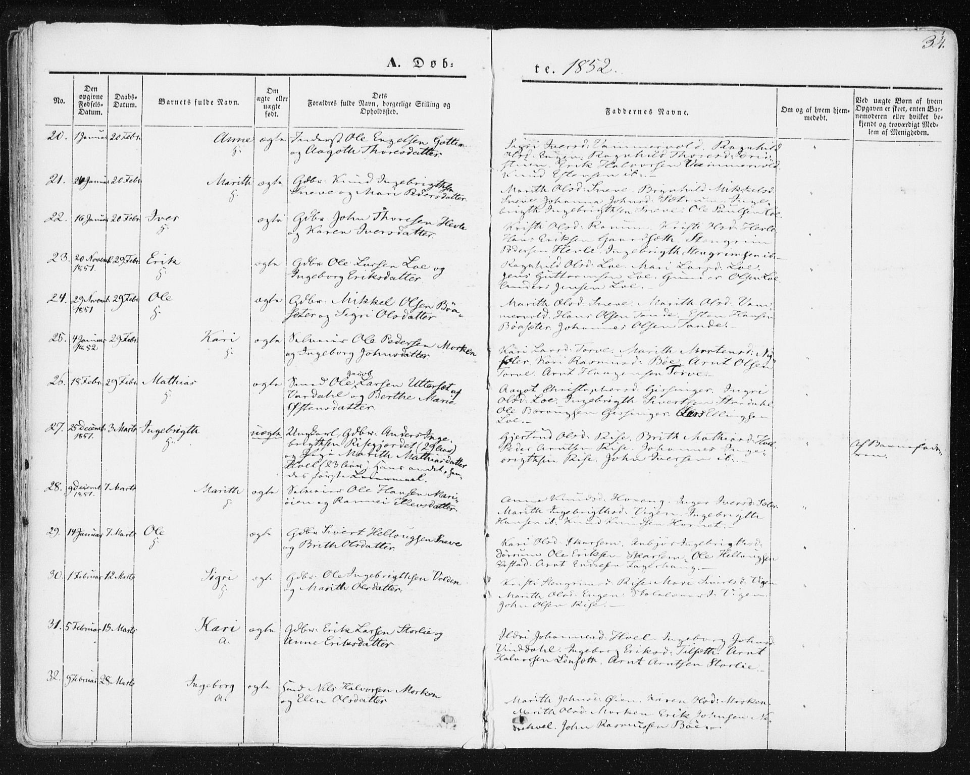 Ministerialprotokoller, klokkerbøker og fødselsregistre - Sør-Trøndelag, SAT/A-1456/678/L0899: Ministerialbok nr. 678A08, 1848-1872, s. 34