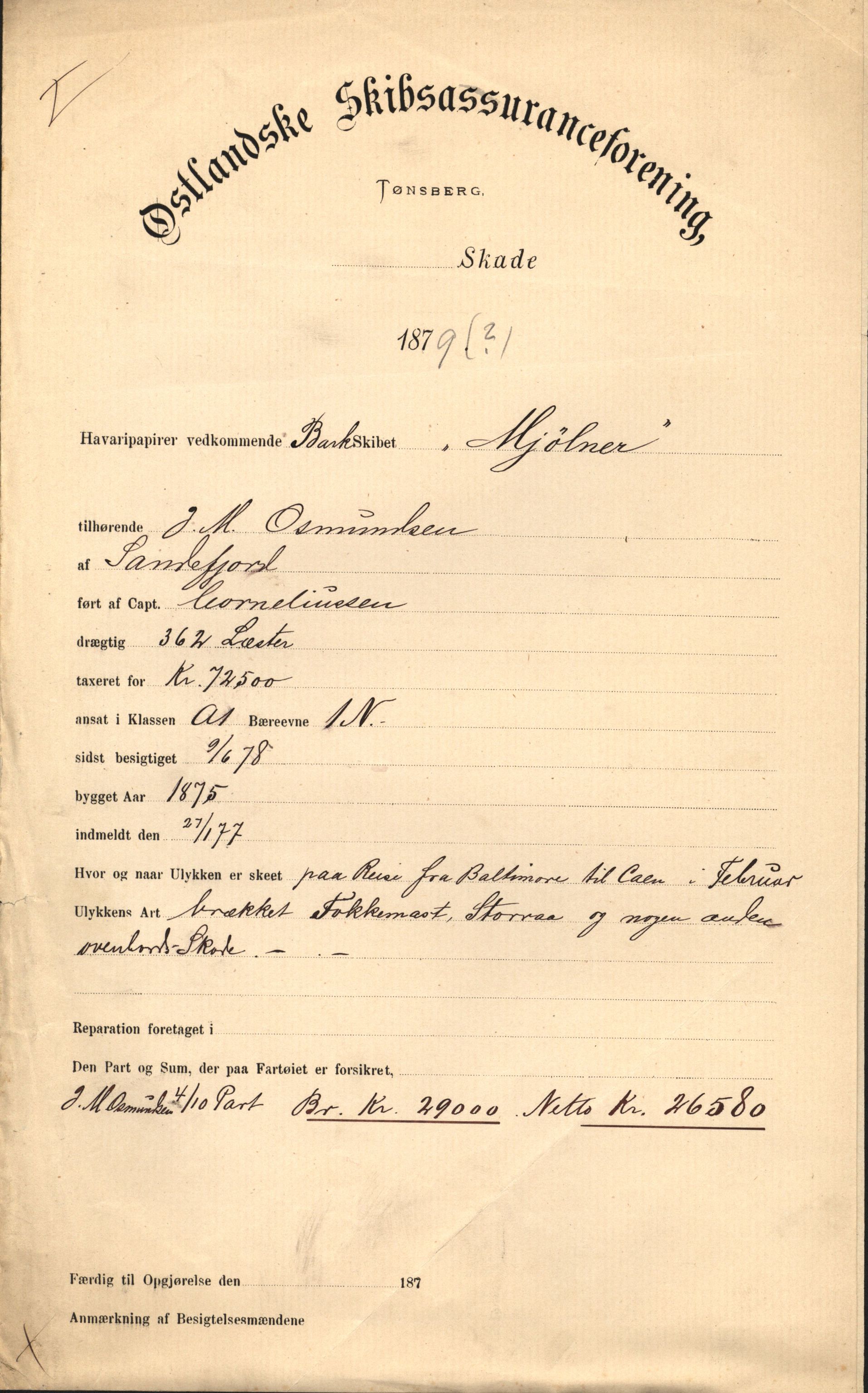 Pa 63 - Østlandske skibsassuranceforening, VEMU/A-1079/G/Ga/L0011/0026: Havaridokumenter / Mjølner, 1879
