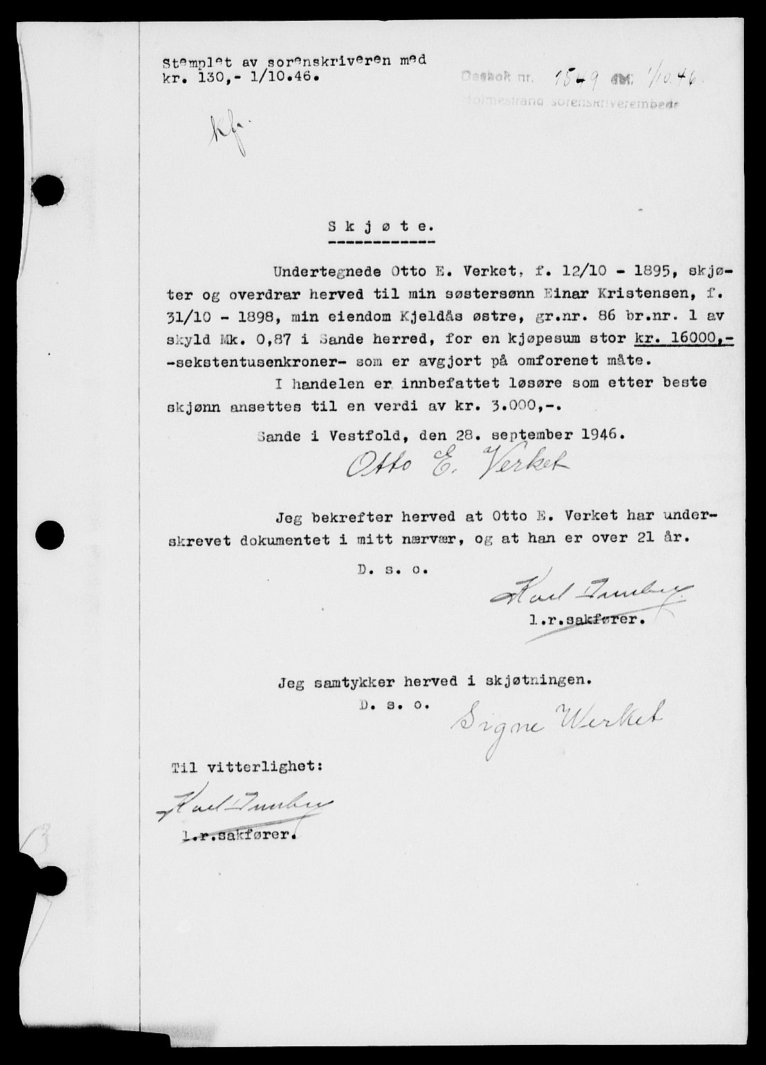 Holmestrand sorenskriveri, SAKO/A-67/G/Ga/Gaa/L0061: Pantebok nr. A-61, 1946-1947, Dagboknr: 1549/1946