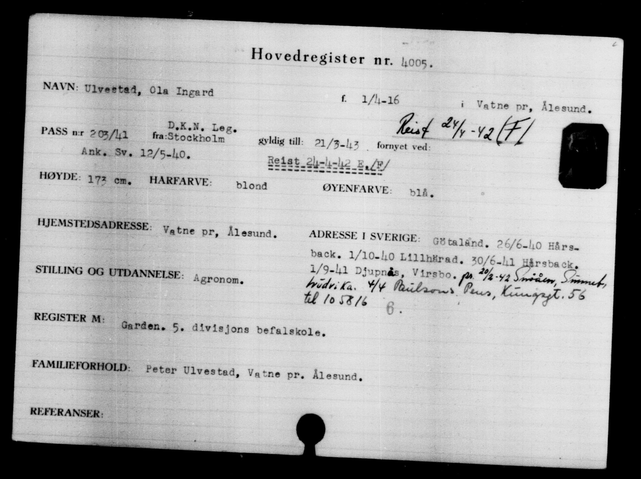 Utenriksstasjonene, Legasjonen i Stockholm, Flyktningkontoret, AV/RA-S-6753/V/Va/L0004: Kjesäterkartoteket, flyktning nr. 3496-6610, 1940-1945, s. 591