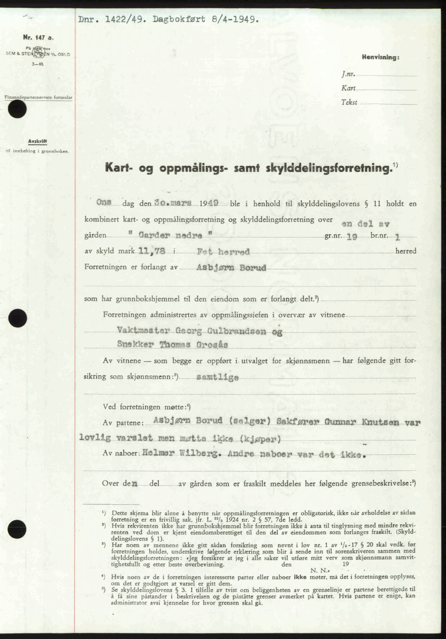 Nedre Romerike sorenskriveri, SAO/A-10469/G/Gb/Gbd/L0025: Pantebok nr. 25, 1949-1949, Dagboknr: 1422/1949