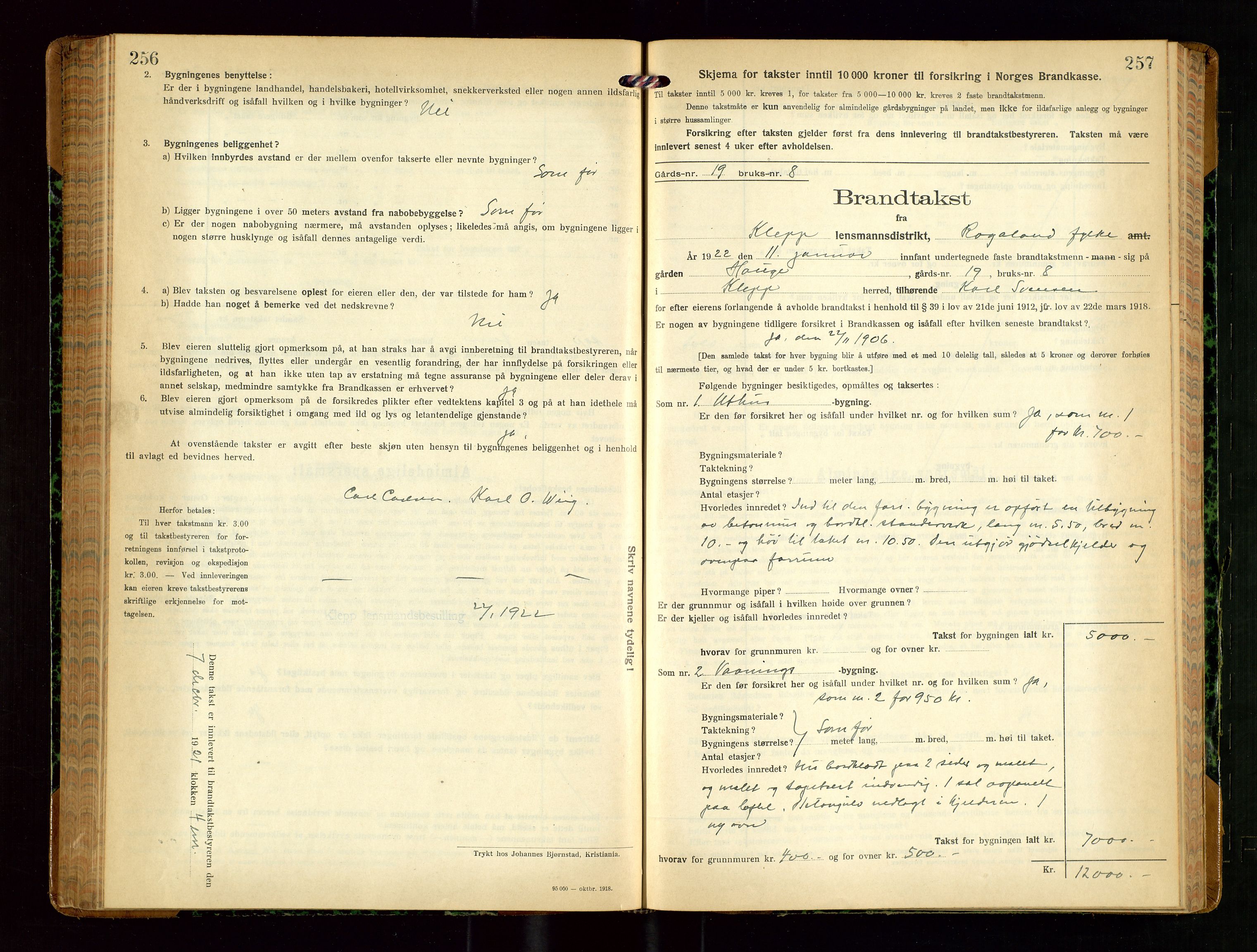 Klepp lensmannskontor, SAST/A-100163/Goc/L0010: "Brandtakstprotokoll" m/register, 1919-1924, s. 256-257