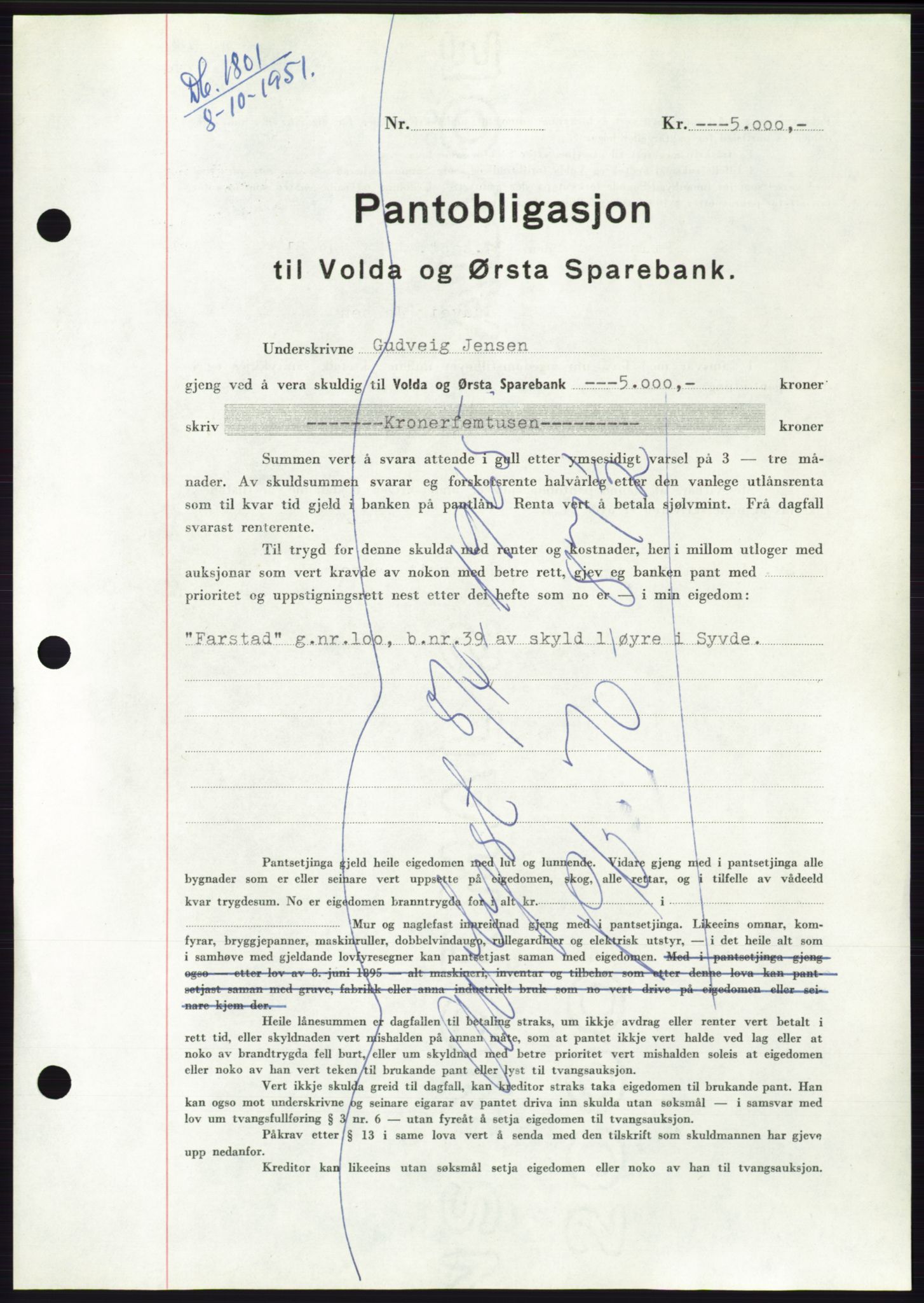 Søre Sunnmøre sorenskriveri, AV/SAT-A-4122/1/2/2C/L0120: Pantebok nr. 8B, 1951-1951, Dagboknr: 1801/1951