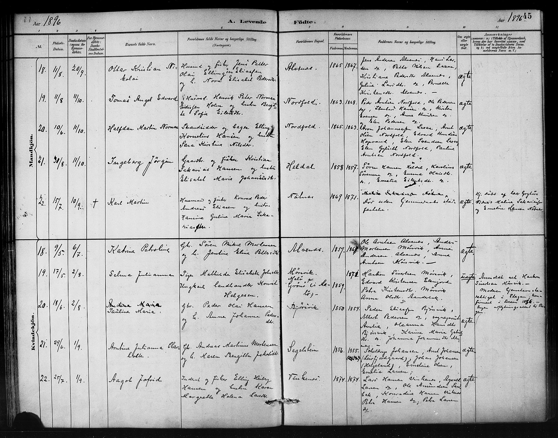 Ministerialprotokoller, klokkerbøker og fødselsregistre - Nordland, AV/SAT-A-1459/858/L0831: Ministerialbok nr. 858A01, 1884-1902, s. 45