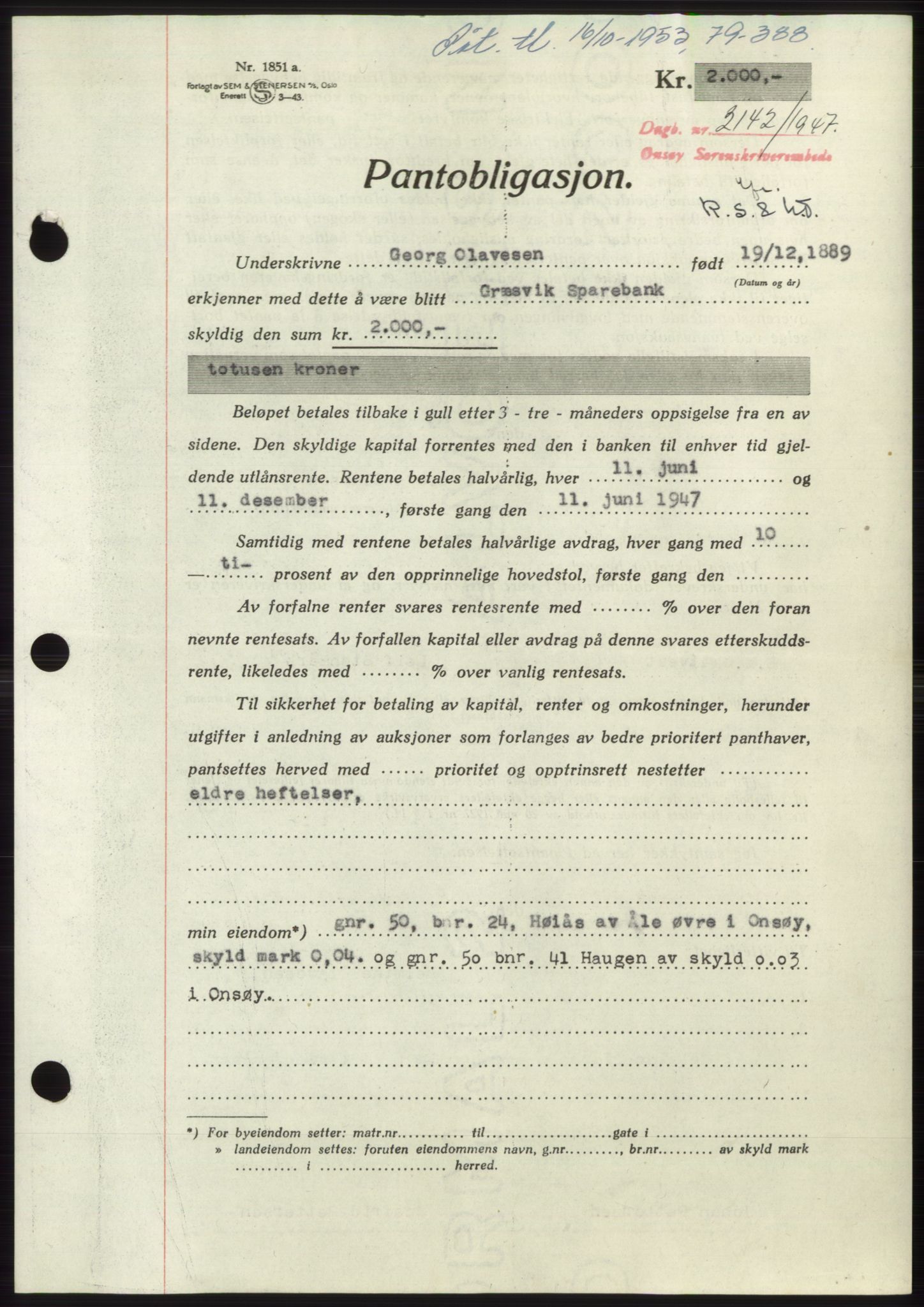 Onsøy sorenskriveri, SAO/A-10474/G/Ga/Gac/L0006: Pantebok nr. B 12-6, 1947-1948, Dagboknr: 2142/1947