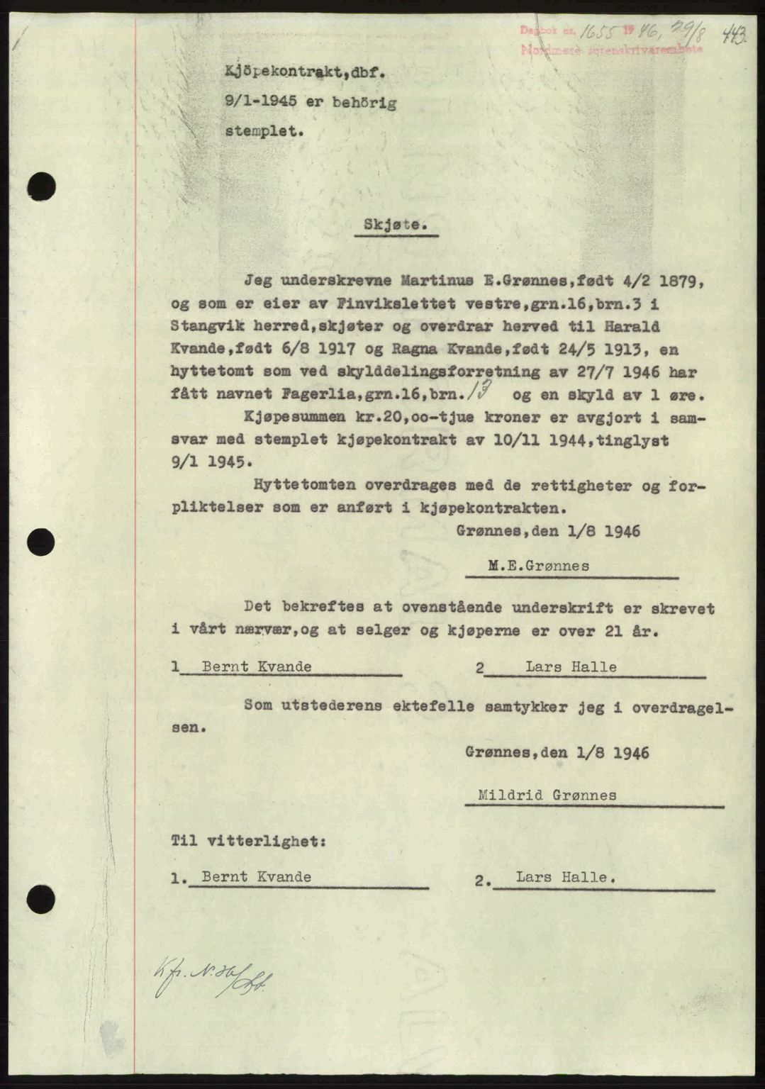 Nordmøre sorenskriveri, SAT/A-4132/1/2/2Ca: Pantebok nr. A102, 1946-1946, Dagboknr: 1655/1946