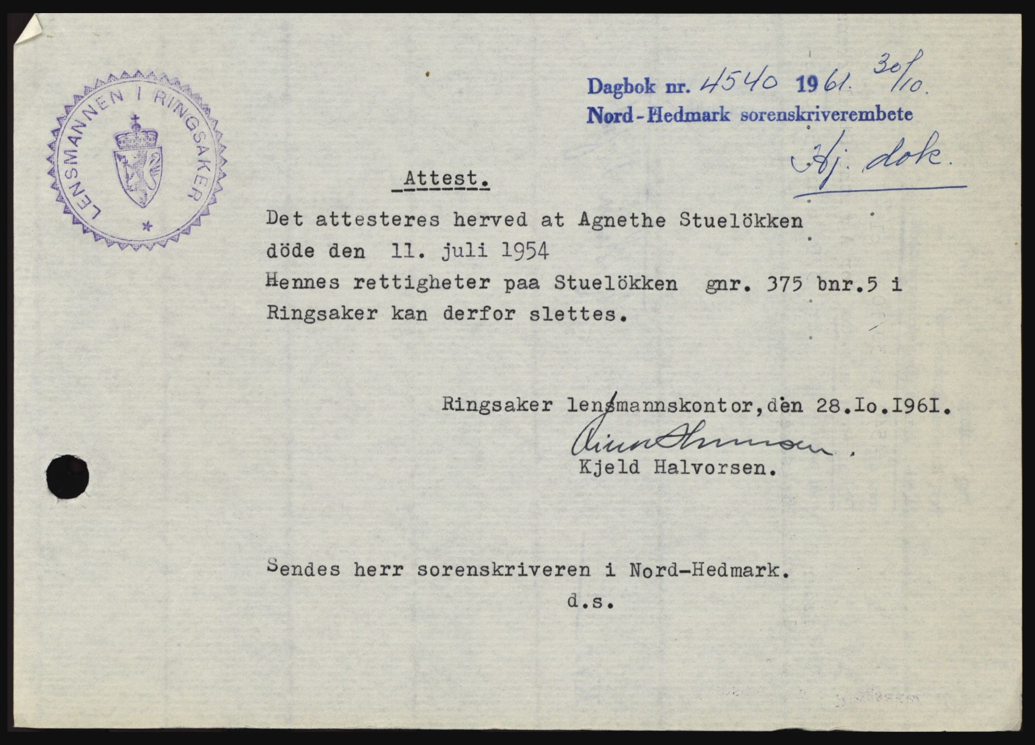 Nord-Hedmark sorenskriveri, SAH/TING-012/H/Hc/L0015: Pantebok nr. 15, 1961-1961, Dagboknr: 4540/1961