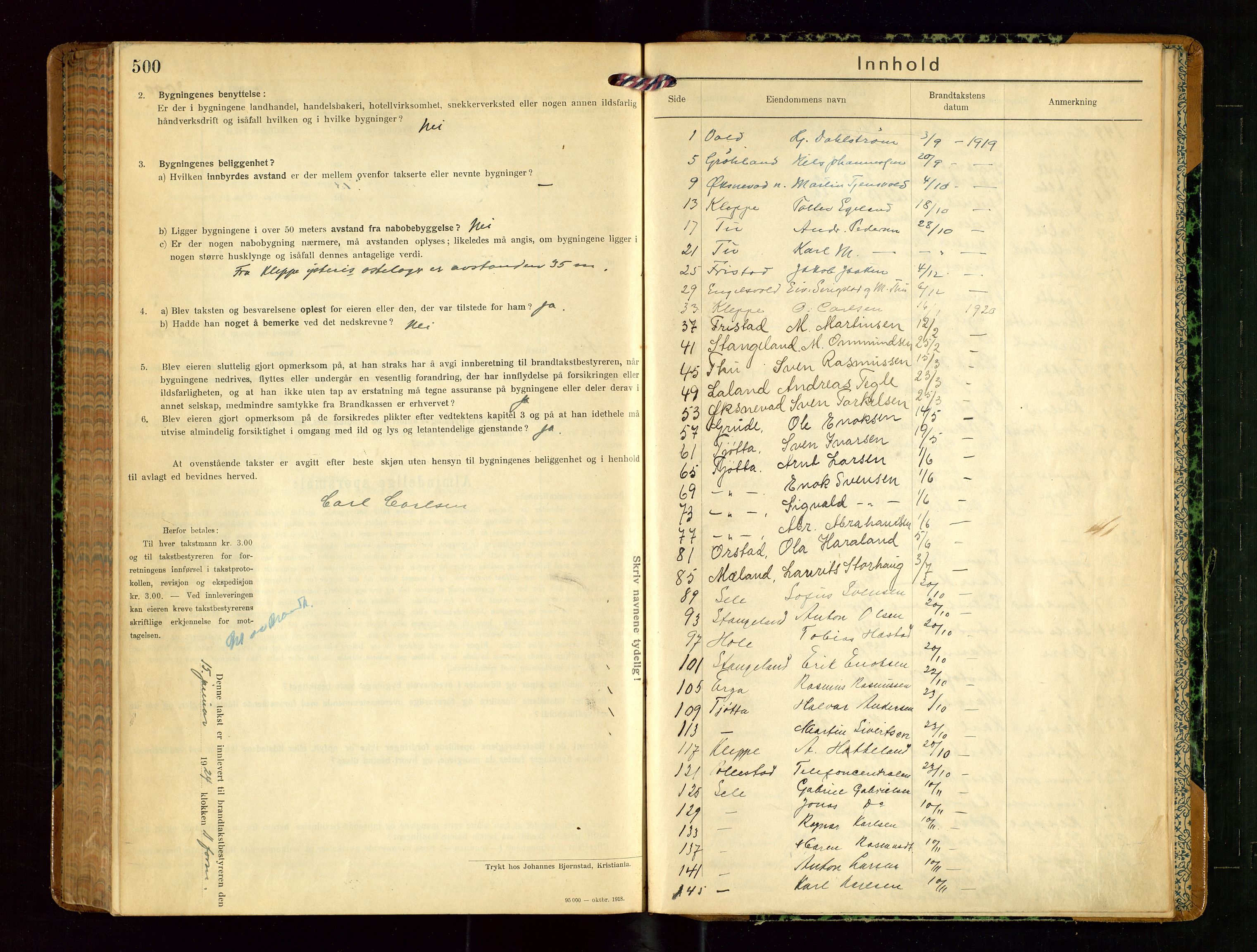 Klepp lensmannskontor, SAST/A-100163/Goc/L0010: "Brandtakstprotokoll" m/register, 1919-1924, s. 500