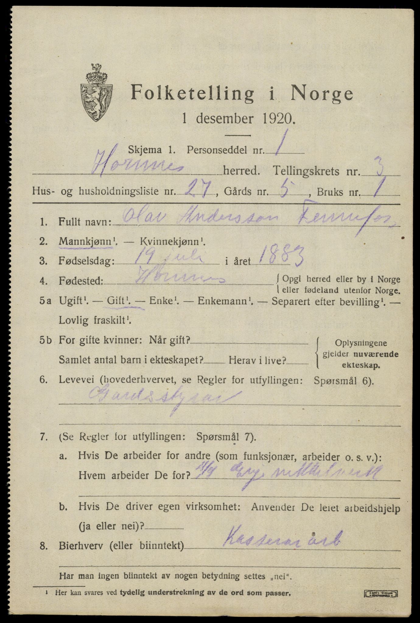 SAK, Folketelling 1920 for 0936 Hornnes herred, 1920, s. 1121