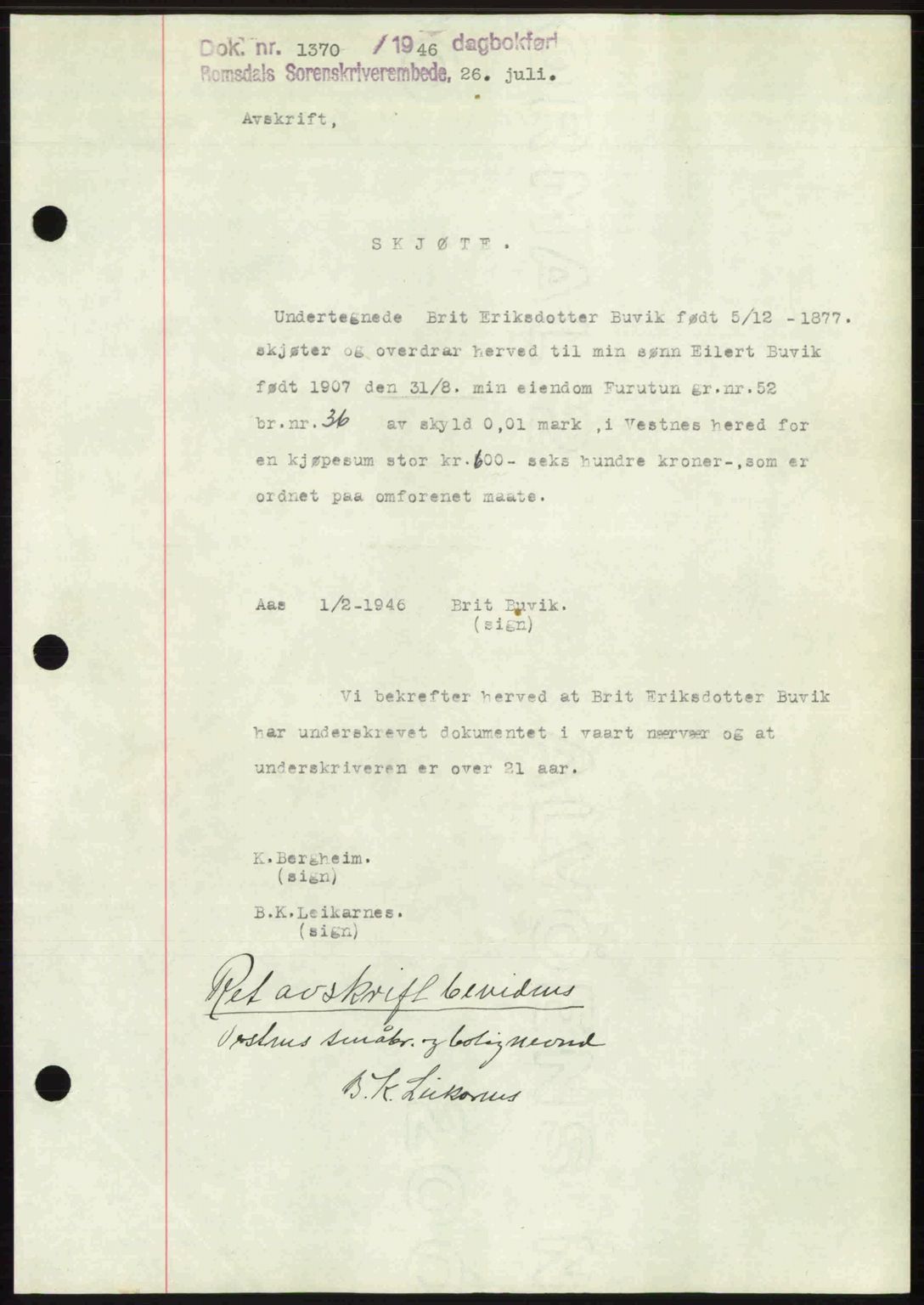 Romsdal sorenskriveri, AV/SAT-A-4149/1/2/2C: Pantebok nr. A20, 1946-1946, Dagboknr: 1370/1946