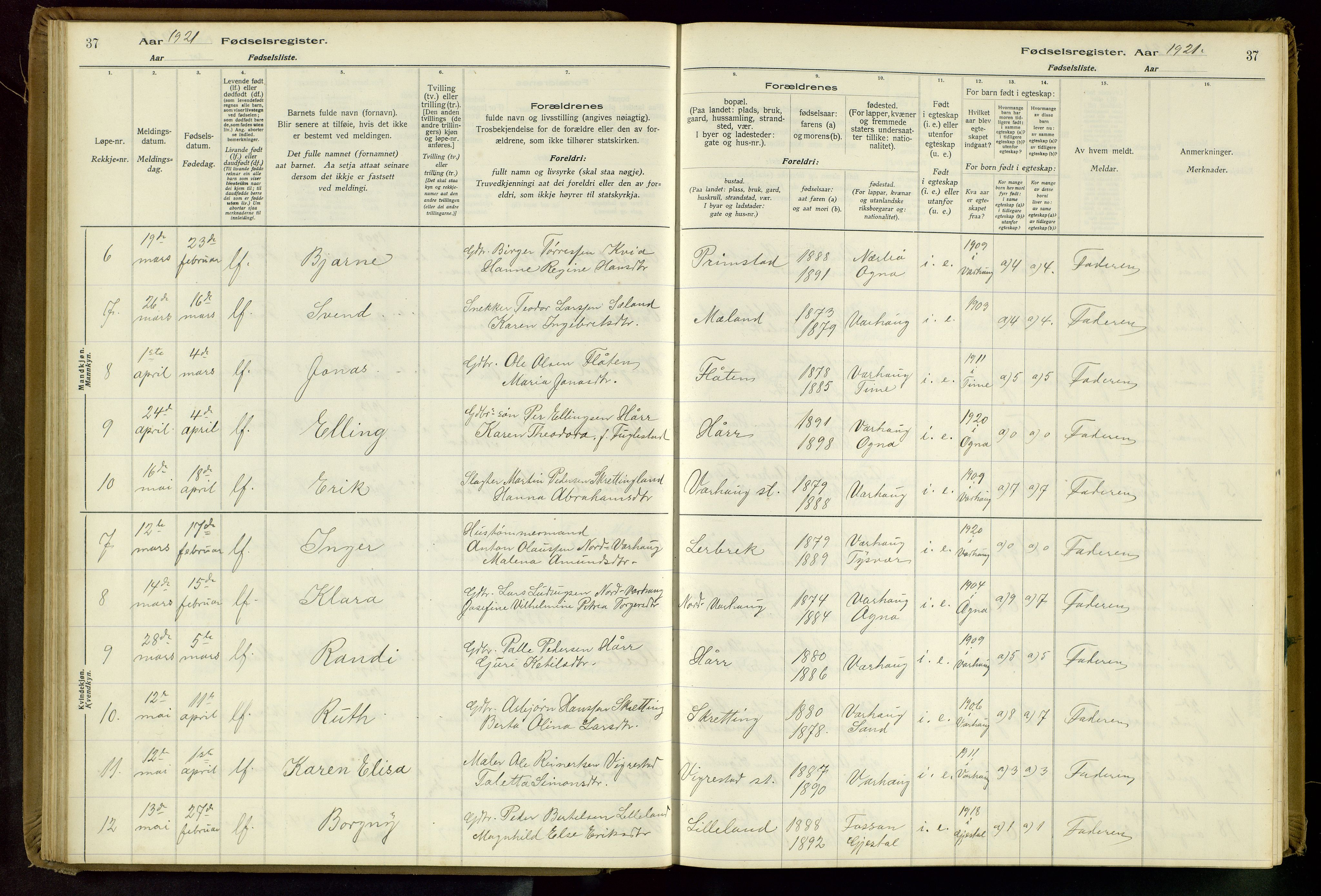 Hå sokneprestkontor, AV/SAST-A-101801/001/704BA/L0001: Fødselsregister nr. 1, 1916-1944, s. 37