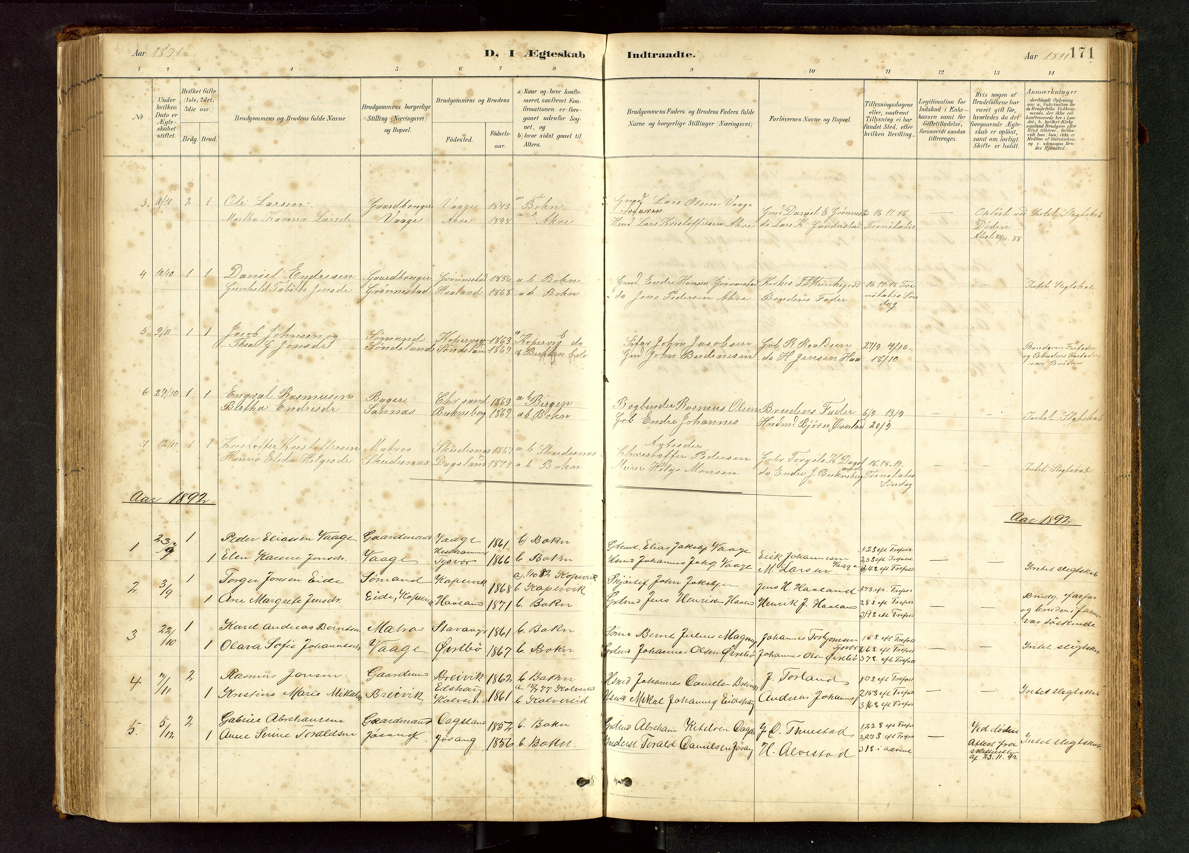Tysvær sokneprestkontor, AV/SAST-A -101864/H/Ha/Hab/L0005: Klokkerbok nr. B 5, 1887-1947, s. 171