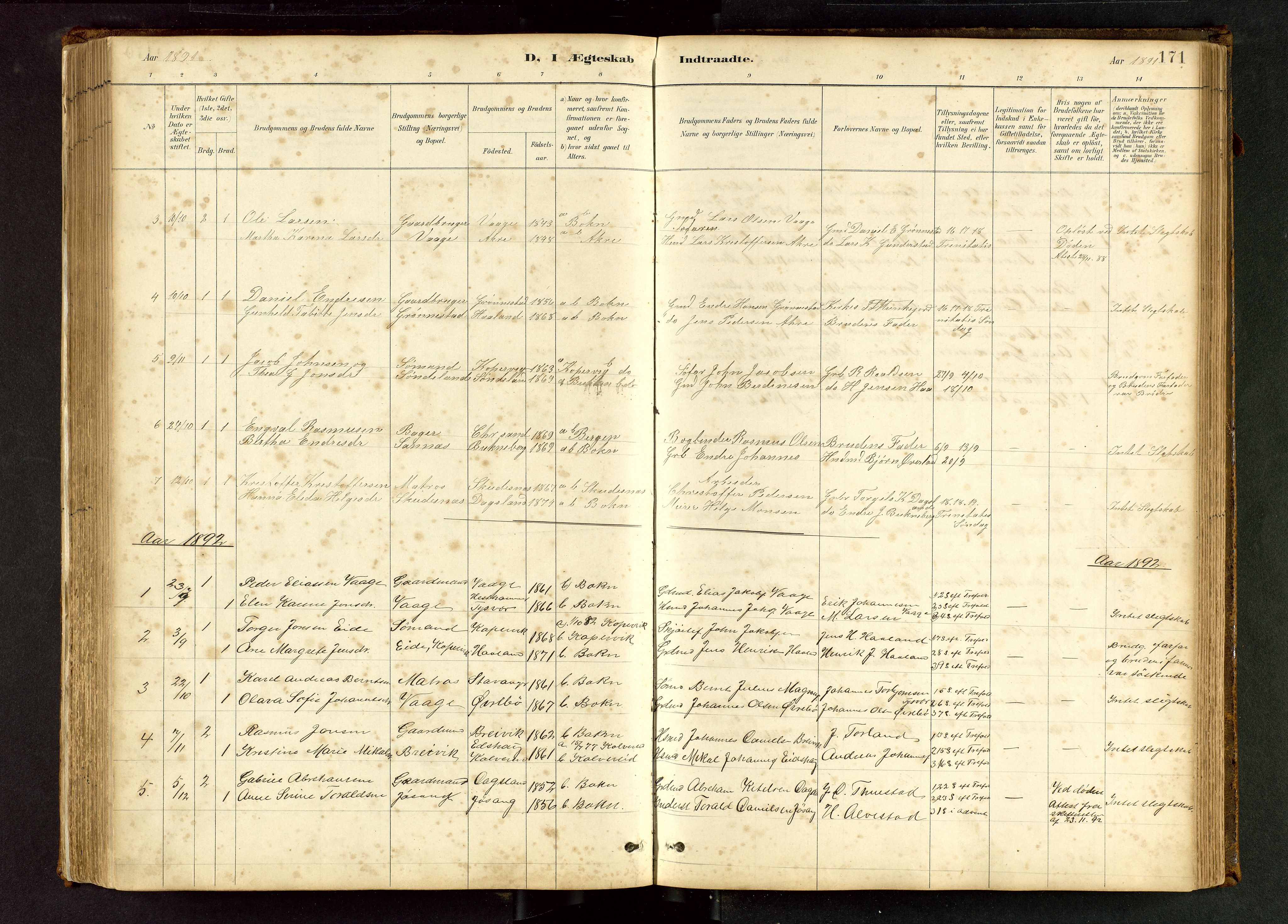 Tysvær sokneprestkontor, AV/SAST-A -101864/H/Ha/Hab/L0005: Klokkerbok nr. B 5, 1887-1947, s. 171