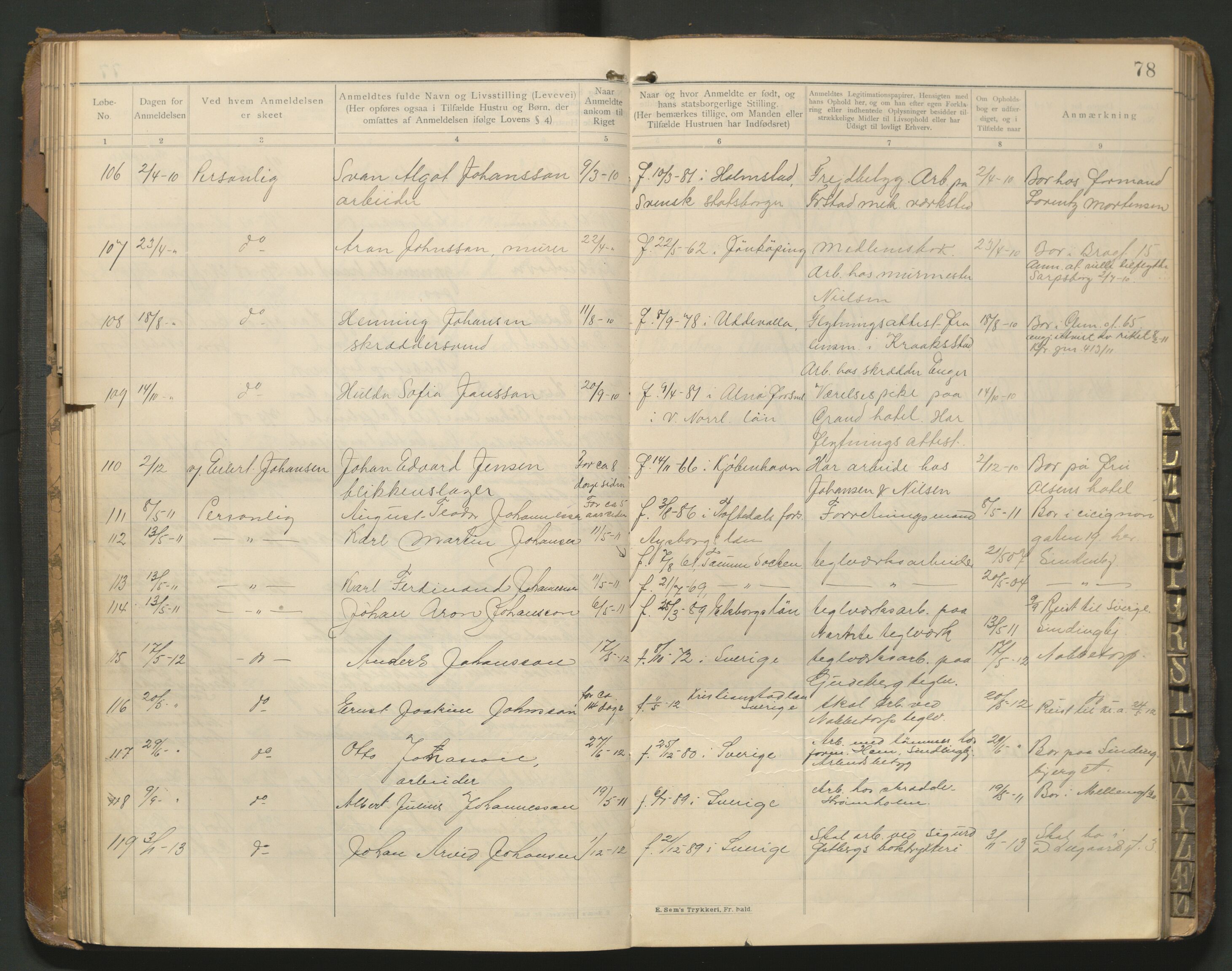 Fredrikstad politikammer, AV/SAO-A-10055/H/Hb/Hba/L0001: Protokoll over fremmede statsborgere, 1901-1916, s. 77b-78a