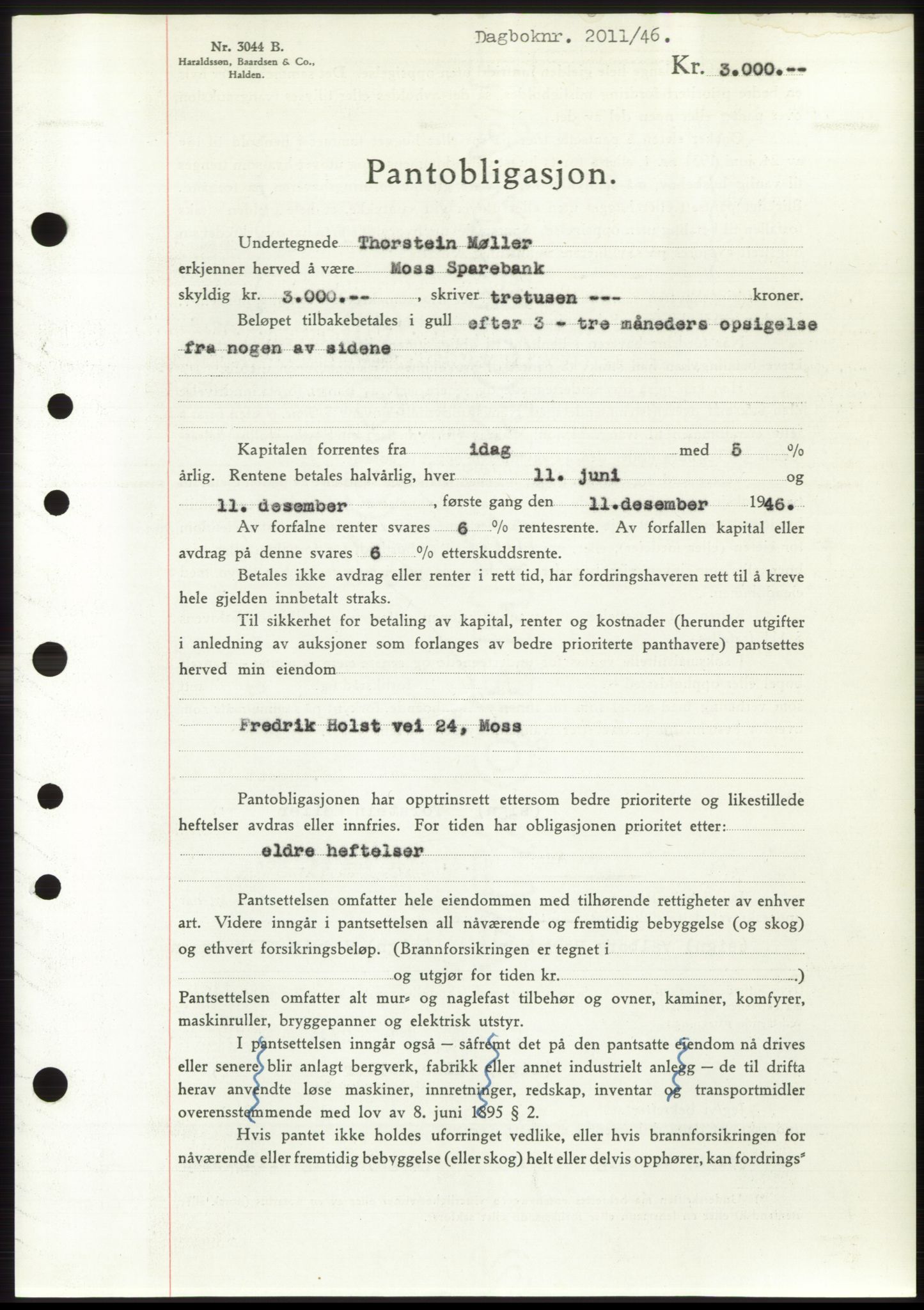 Moss sorenskriveri, SAO/A-10168: Pantebok nr. B15, 1946-1946, Dagboknr: 2011/1946