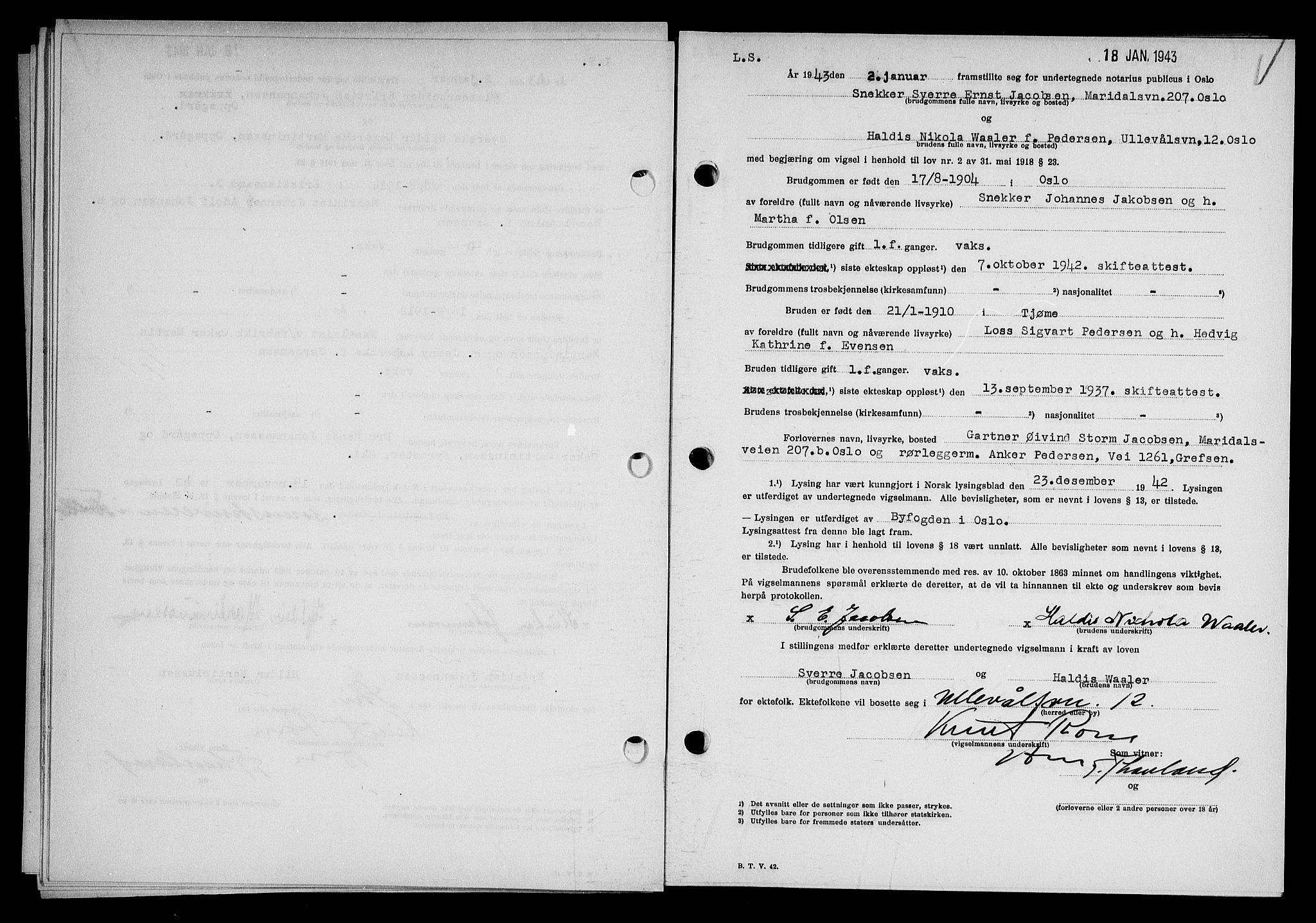 Oslo byfogd avd. I, AV/SAO-A-10220/L/Lb/Lbb/L0043: Notarialprotokoll, rekke II: Vigsler, 1943