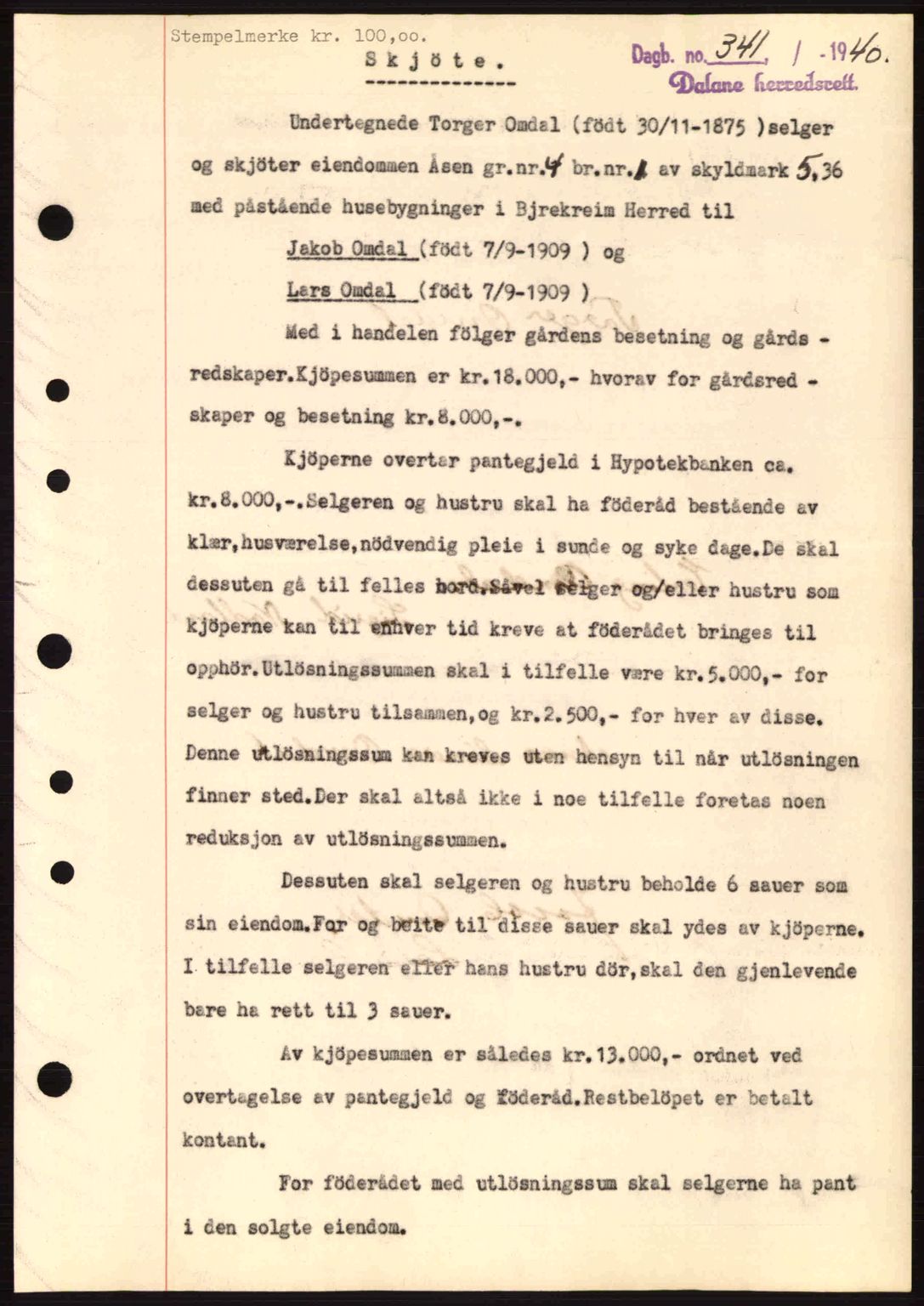 Dalane sorenskriveri, SAST/A-100309/02/G/Gb/L0044: Pantebok nr. A5, 1940-1941, Dagboknr: 341/1940