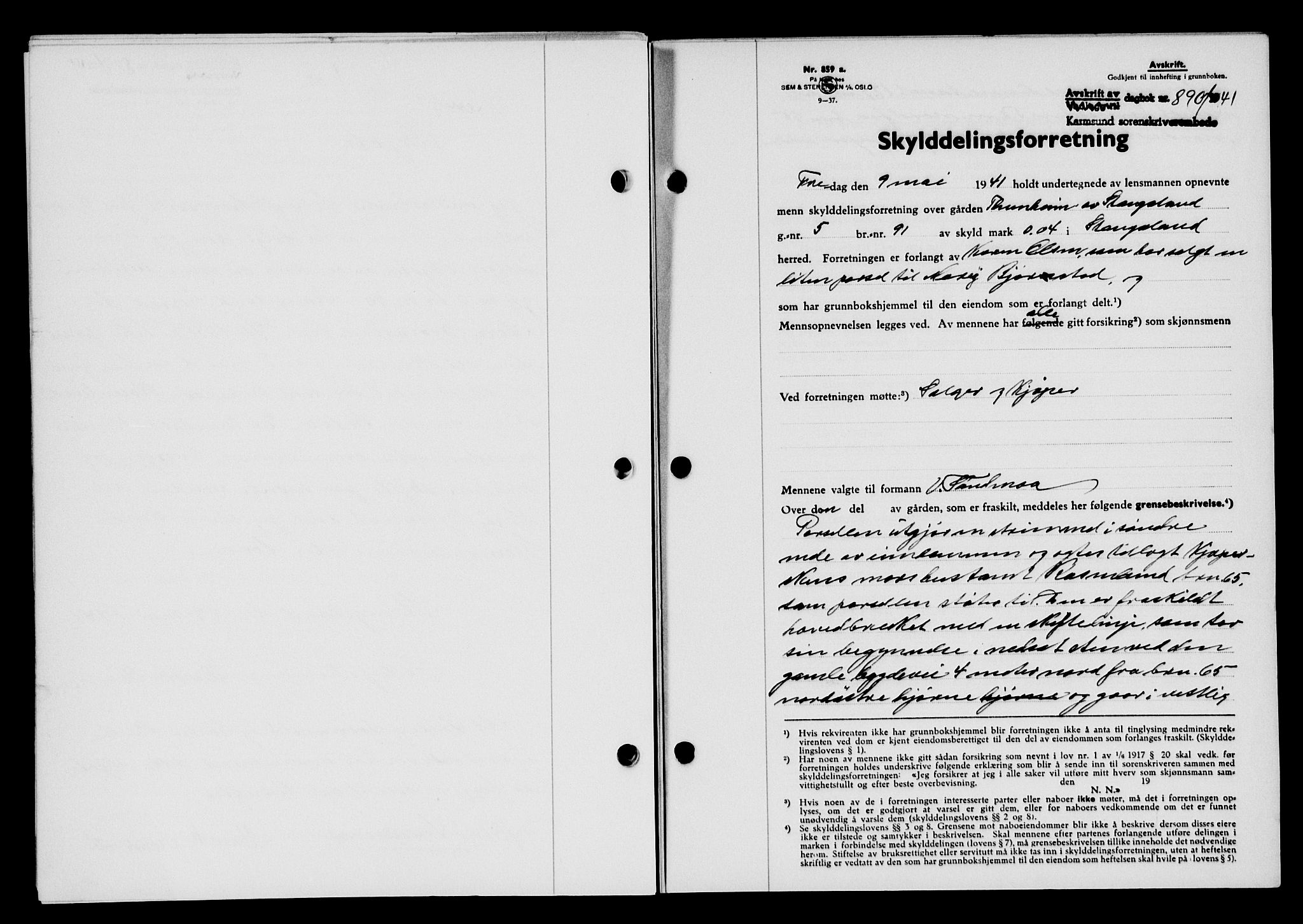 Karmsund sorenskriveri, SAST/A-100311/01/II/IIB/L0075: Pantebok nr. 56A, 1941-1941, Dagboknr: 890/1941