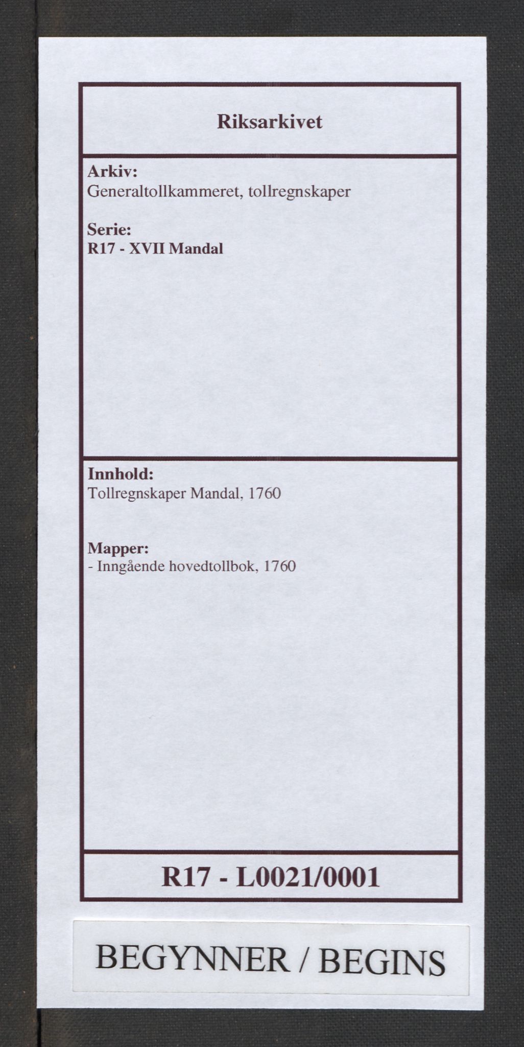 Generaltollkammeret, tollregnskaper, AV/RA-EA-5490/R17/L0021/0001: Tollregnskaper Mandal / Inngående hovedtollbok, 1760